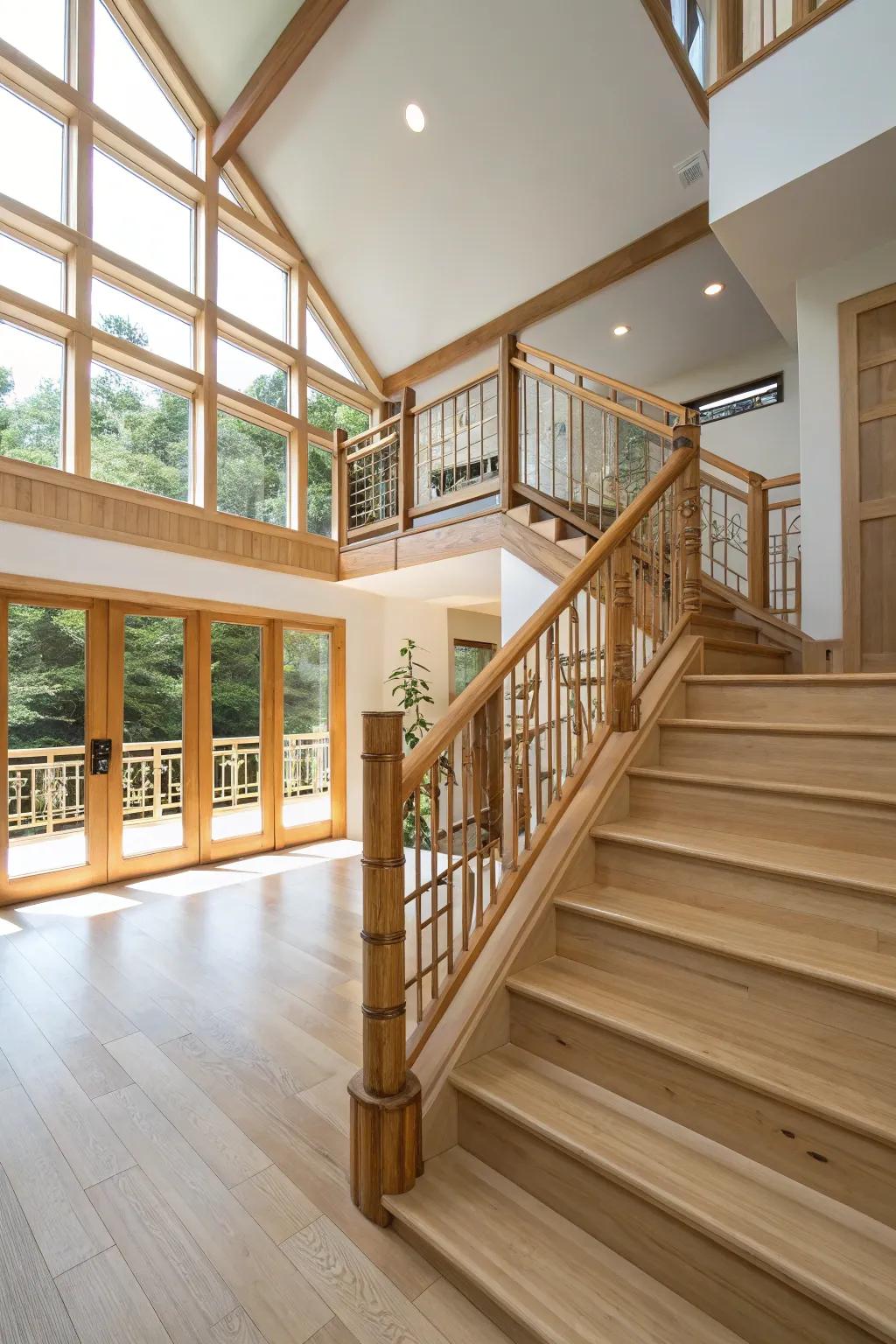 Eco-friendly bamboo railings add natural beauty to a split-level home.