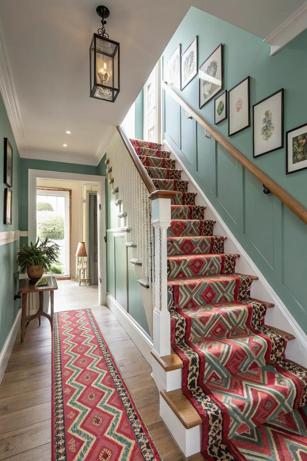 A striking carpet runner injects color and vibrancy to your steps.