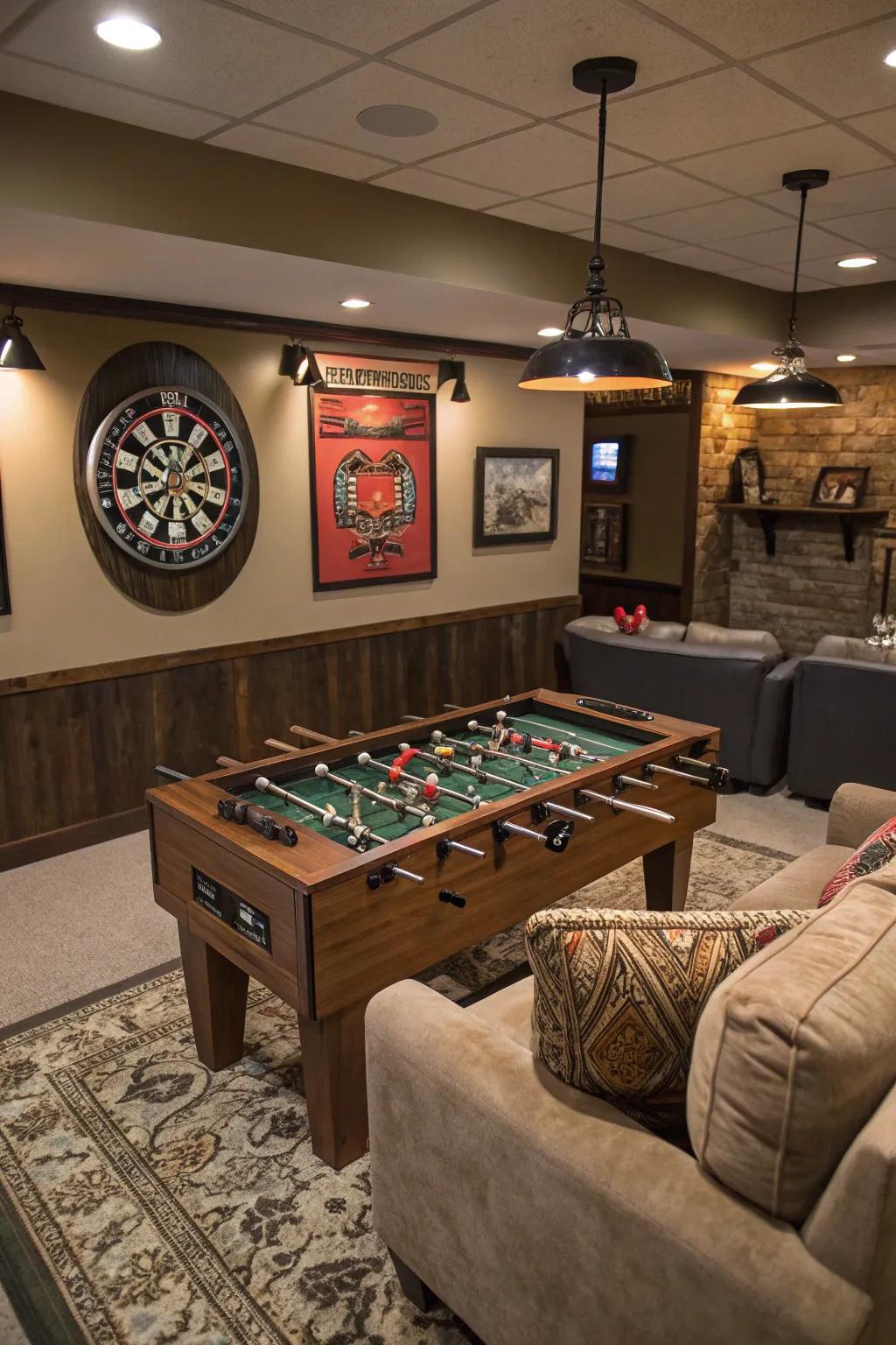 Games and activities add excitement to this man cave.