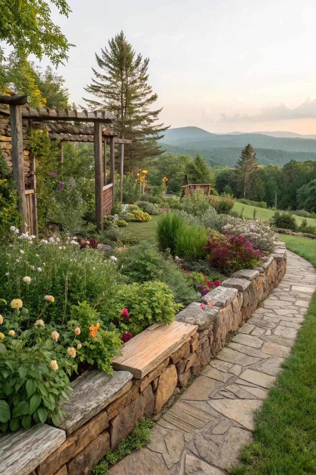 Countryside elements like stone and wood add warmth to garden borders.