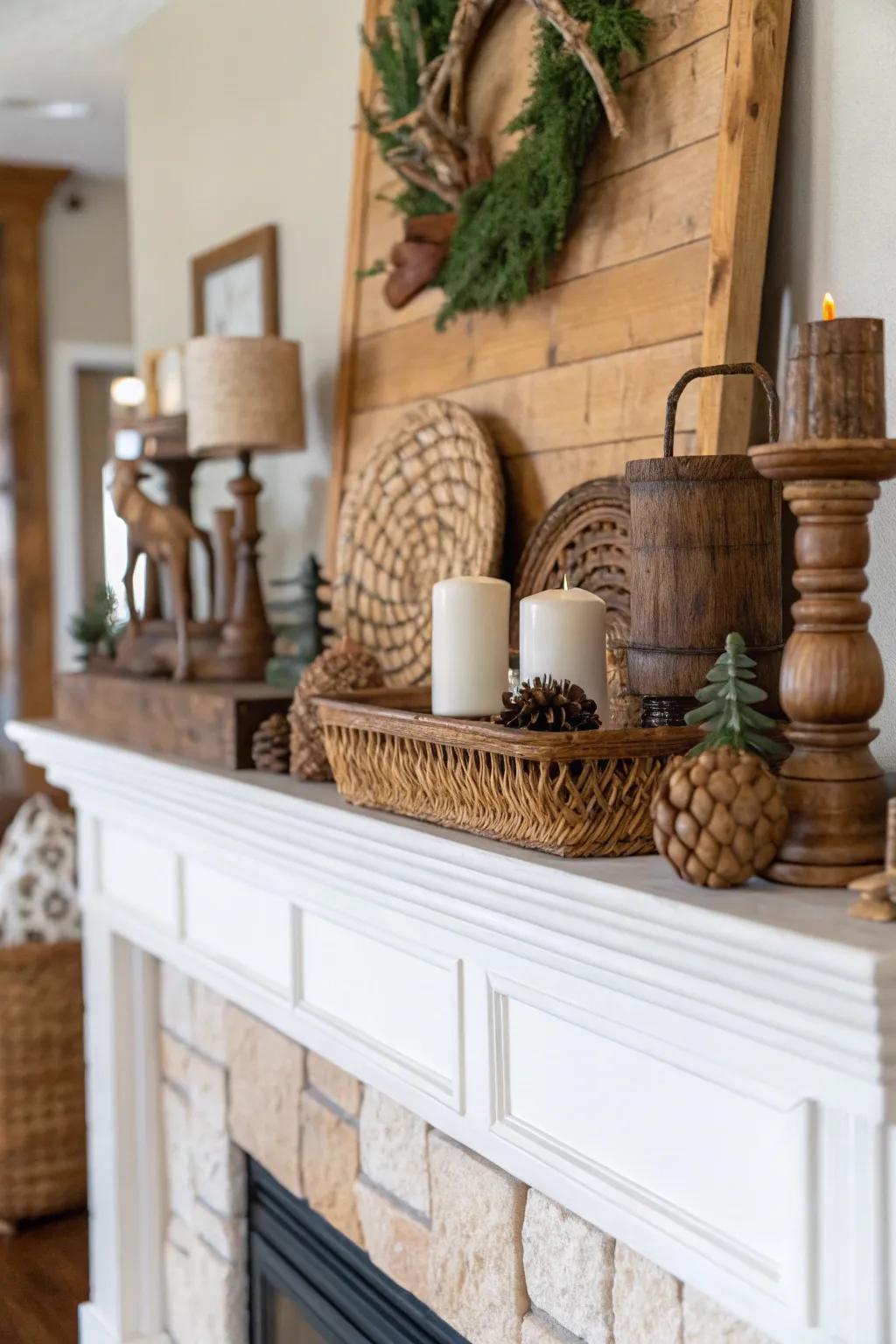Rustic features contribute charm and warmth to the mantel.