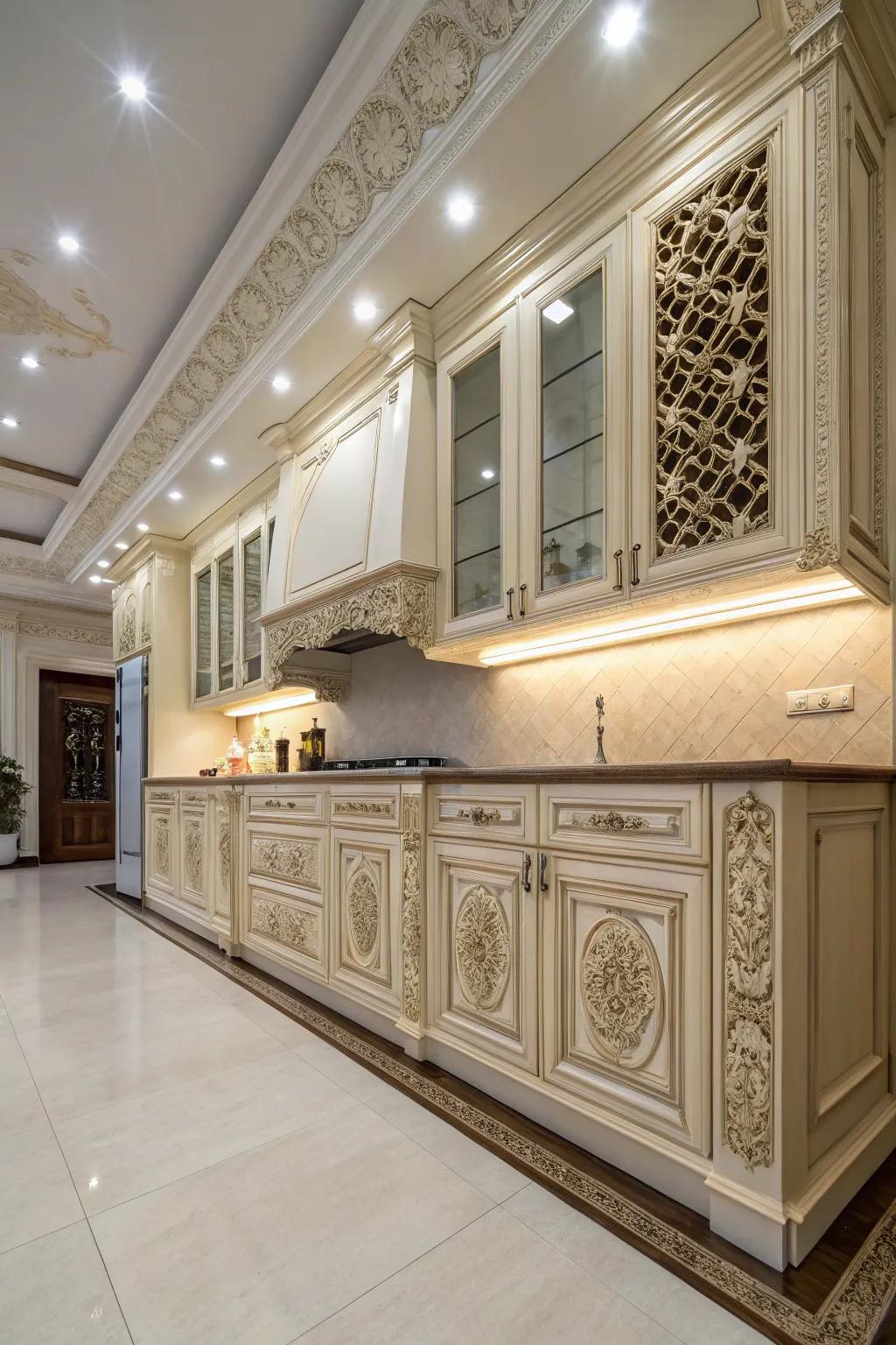 Ornamental elements injecting character into your kitchen's high ceiling design.