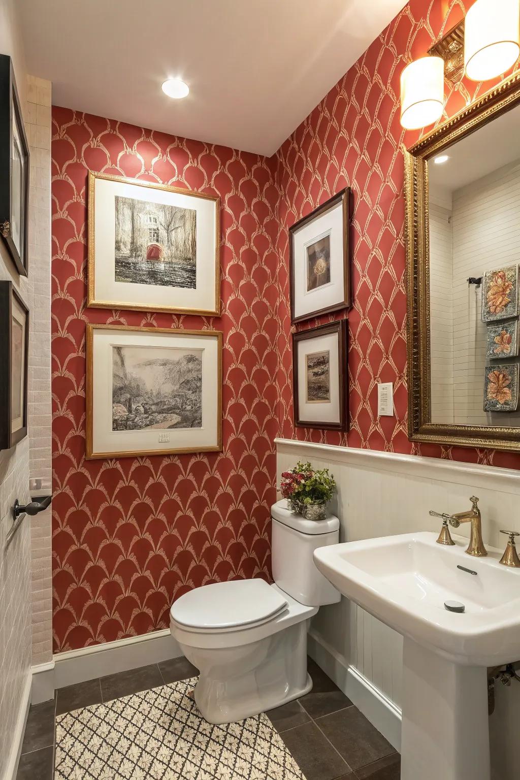 A feature wall and art contribute a stylish element to the employee bathroom.