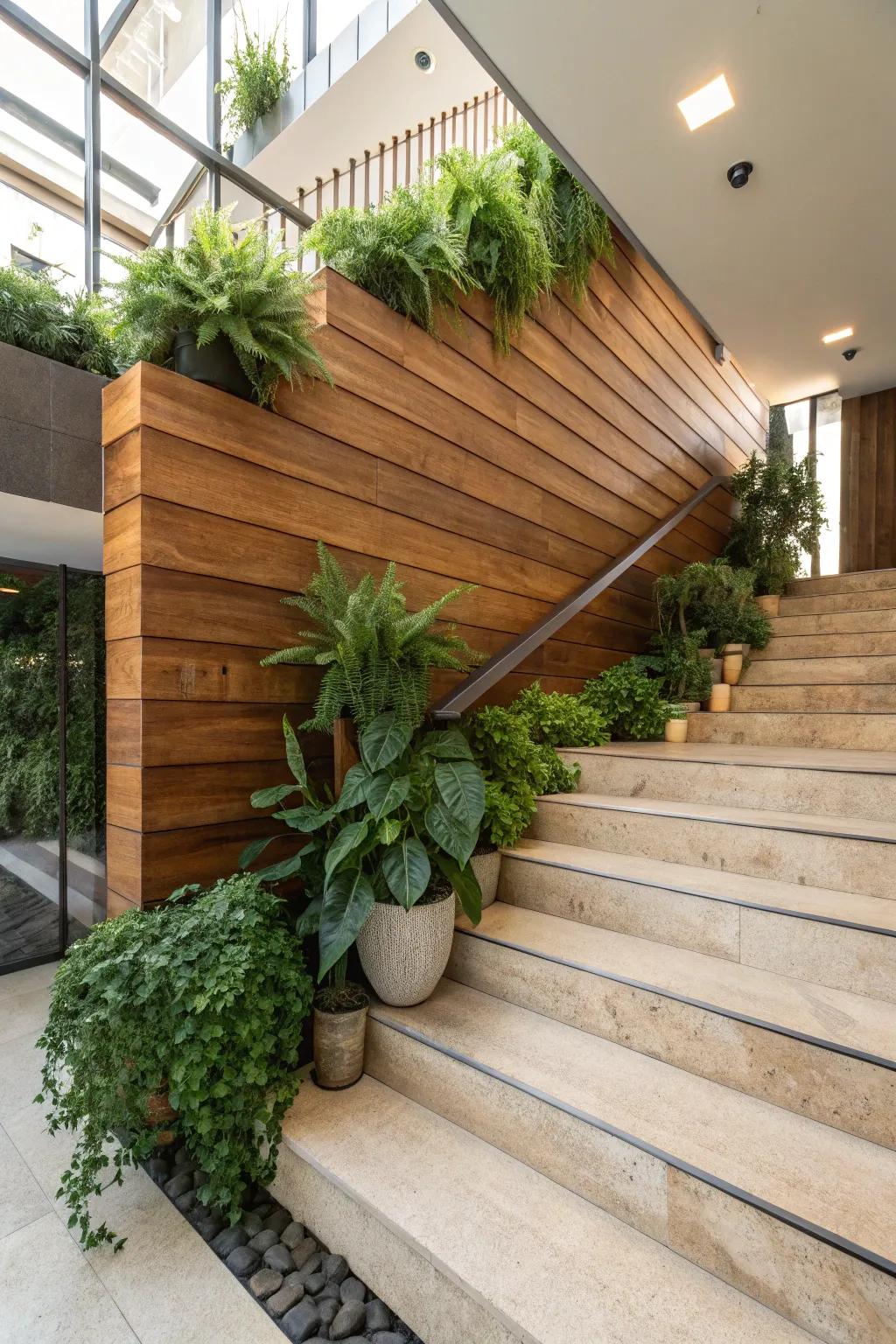 Greenery and wood panels create a refreshing ambiance.