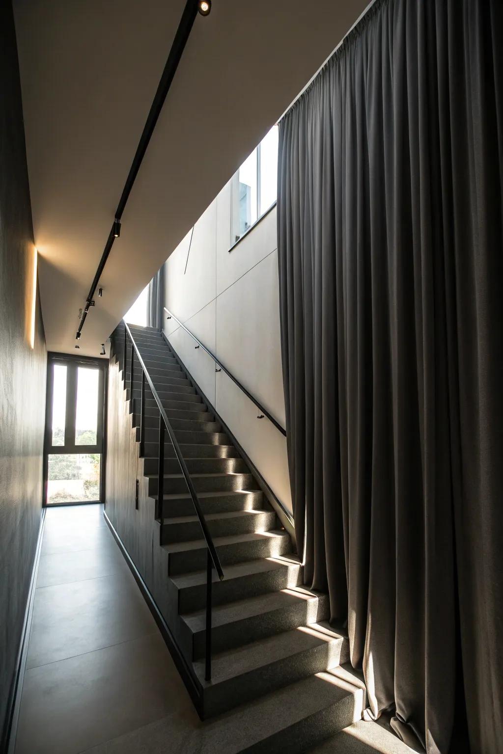 Room darkening window coverings provide privacy and light control for your stairwell.