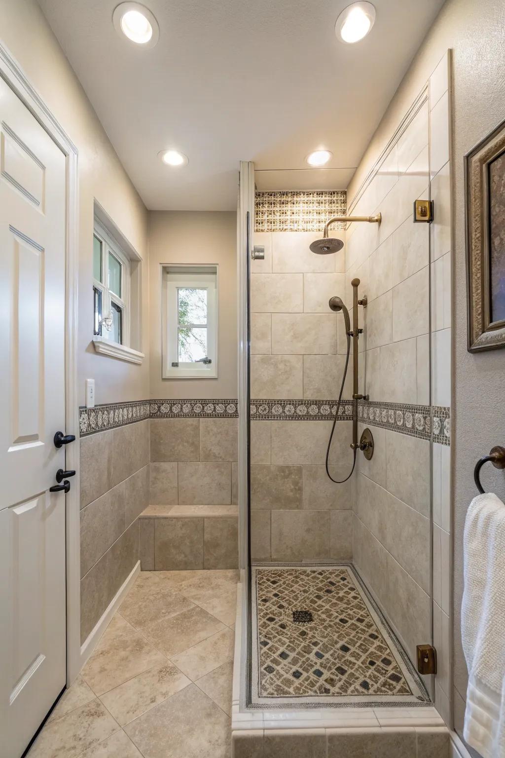 Neutral palettes create a peaceful shower setting.