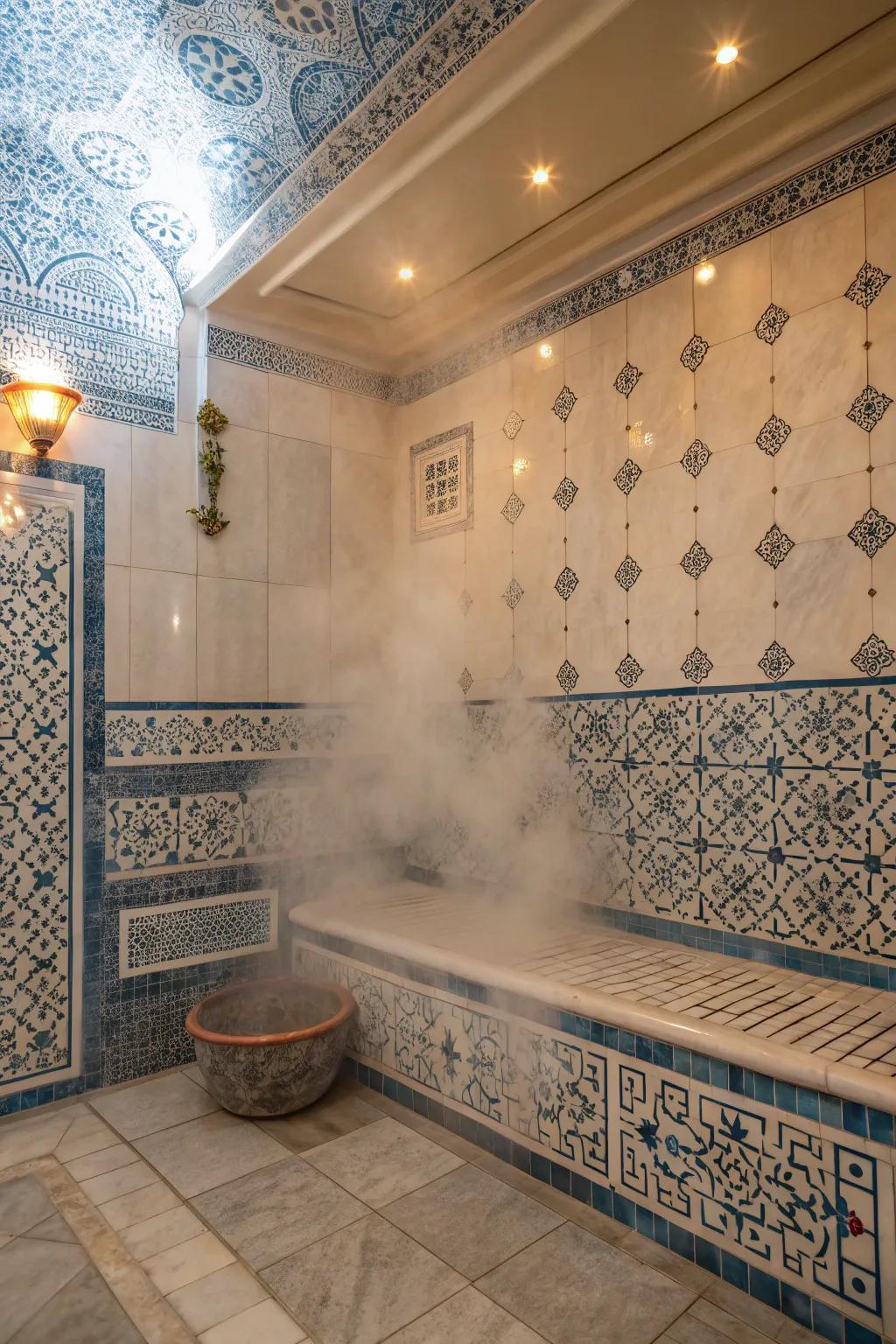 Decorative tiles contribute personality and visual appeal to steam showers.