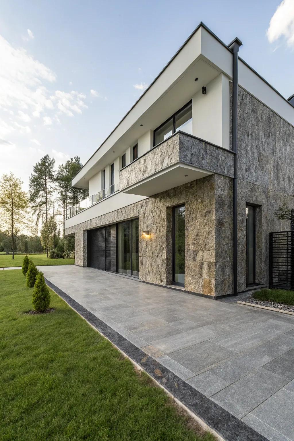 A modern house with a sleek granite stone facade.