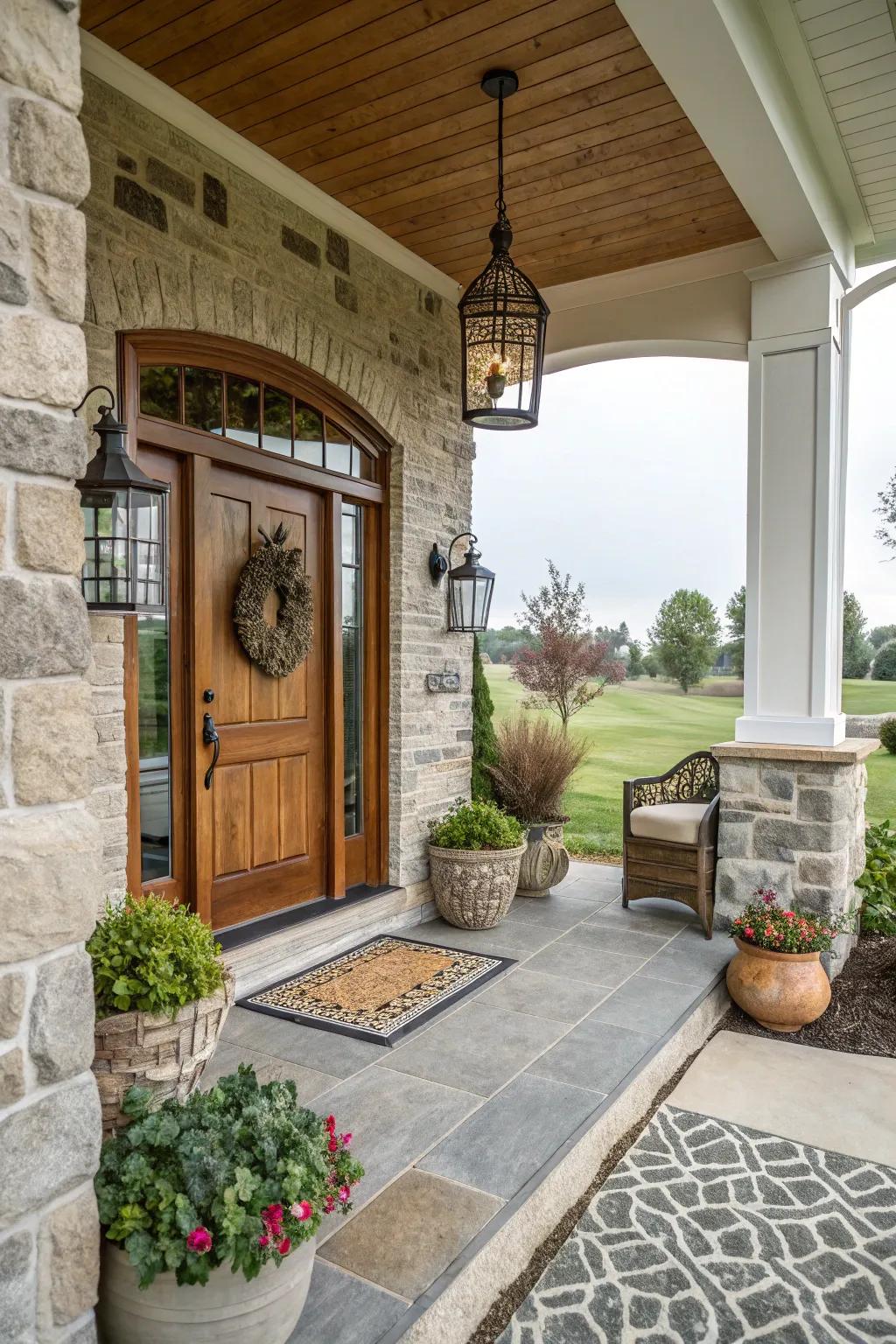 Stone-framed doors create a striking and inviting ambiance.