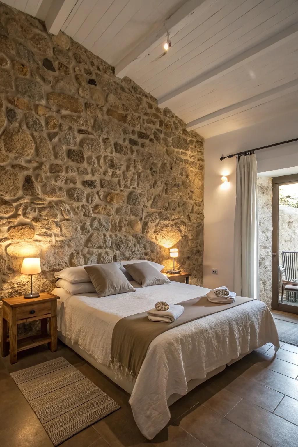 With a rock feature wall, this bedroom is a great spot to rest.
