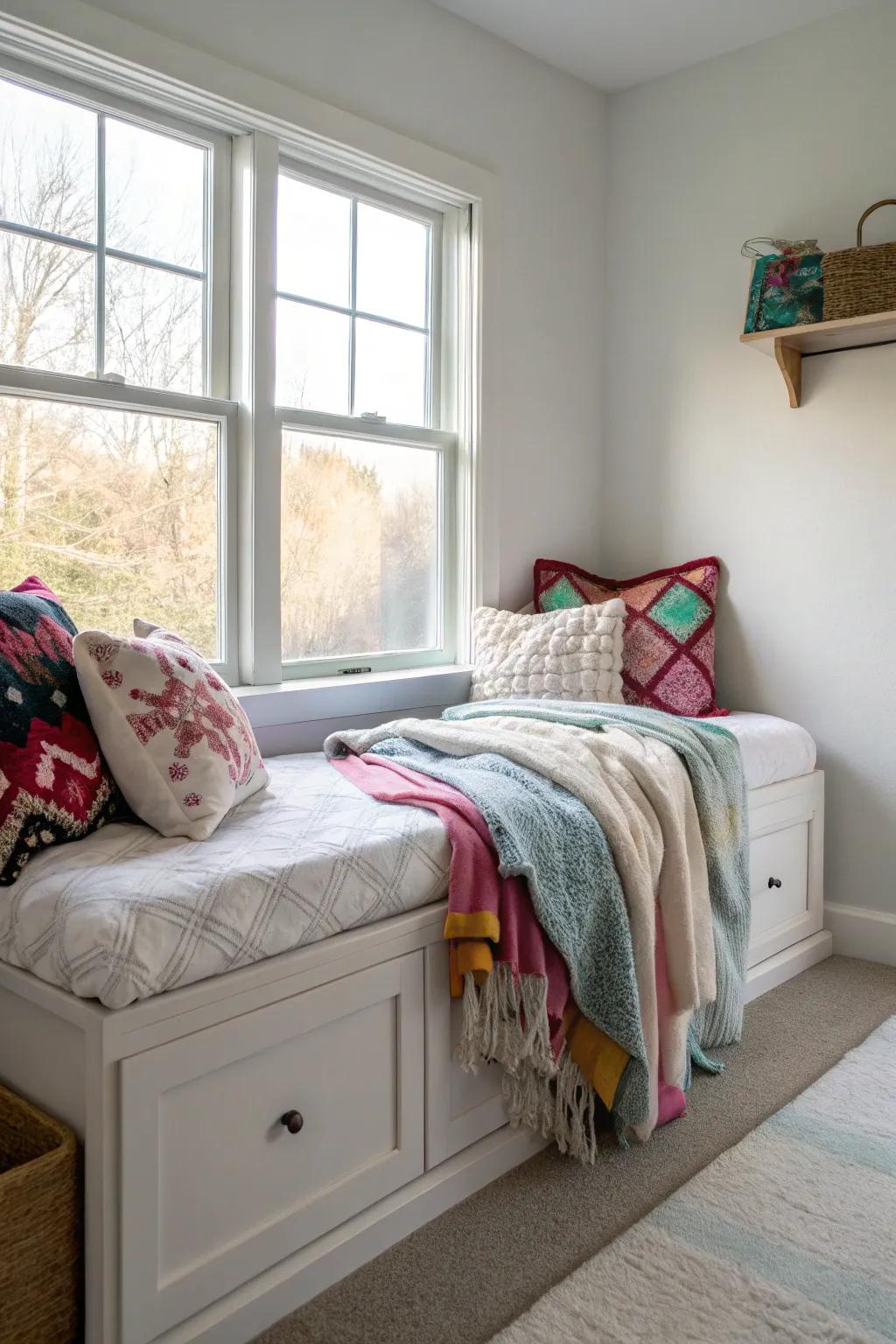 Under-window storage combines practicality with comfort.