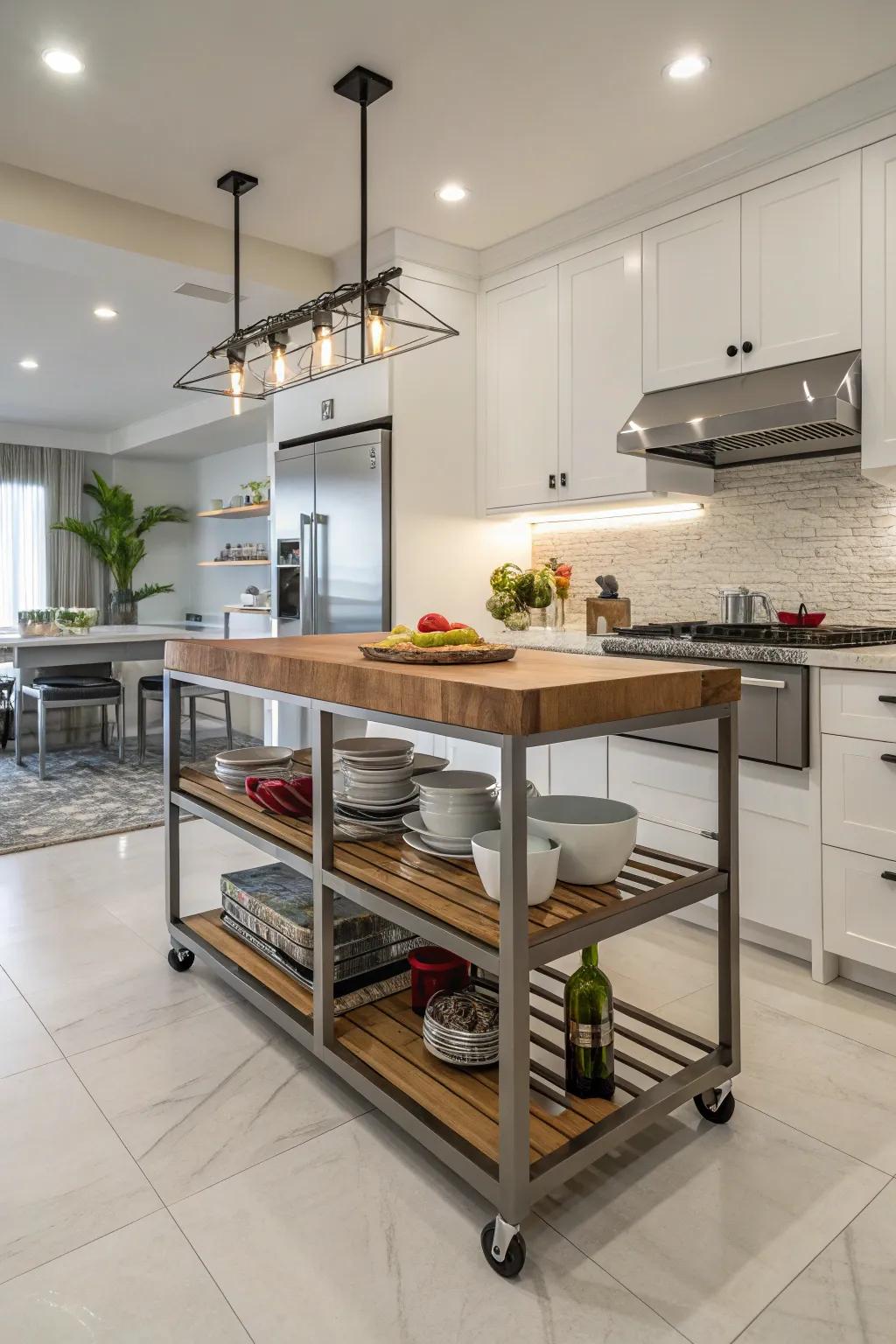 Add flexibility and storage to your kitchen with a rolling island.