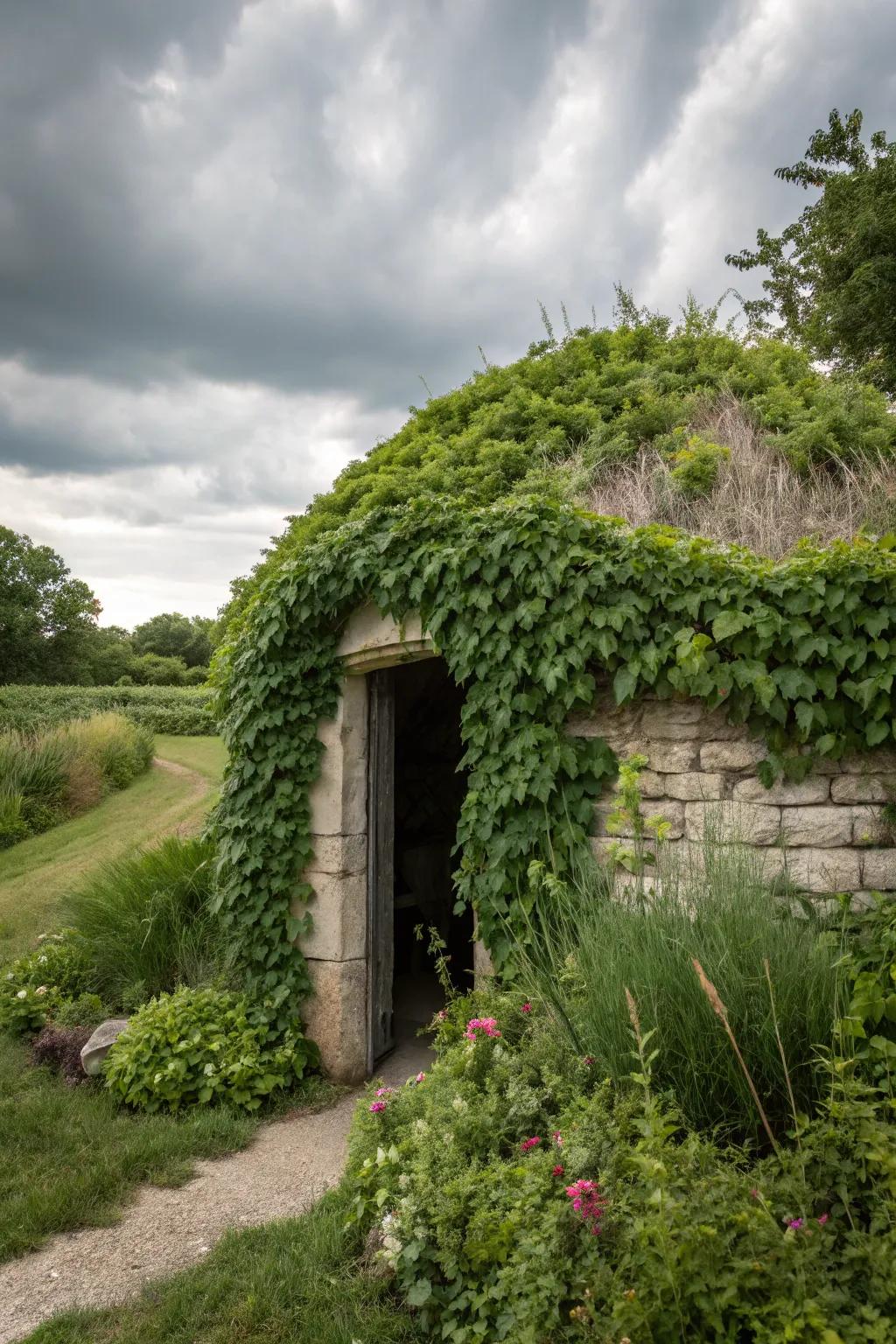 Trailing vegetation provides a rich, natural covering for your storm shelter.