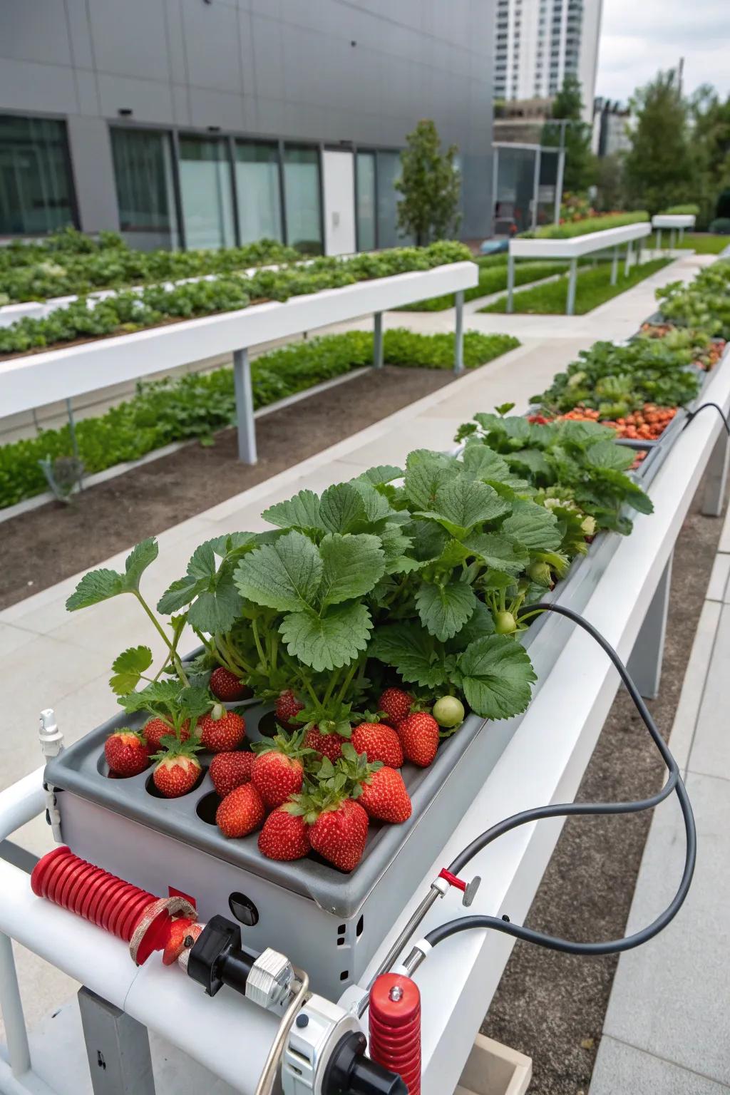 A modern hydroponic system designed for growing strawberries.