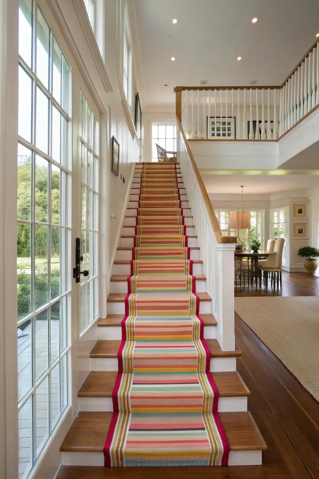 Wide stripes make a bold impact on this expansive staircase.