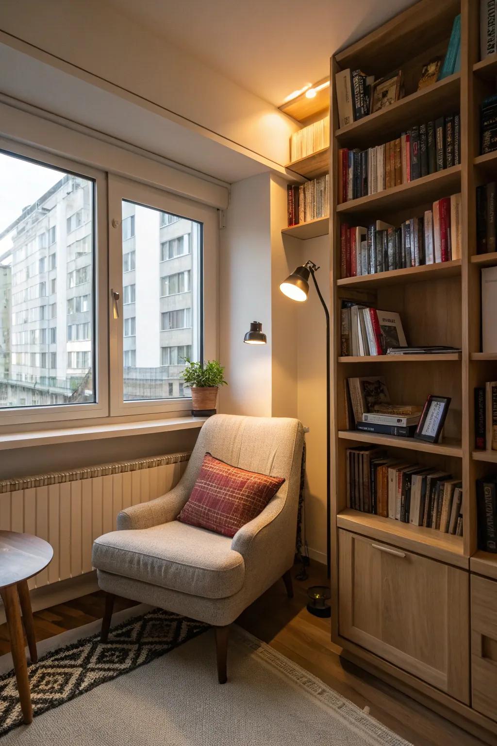 A cozy nook adds functionality to a studio apartment.