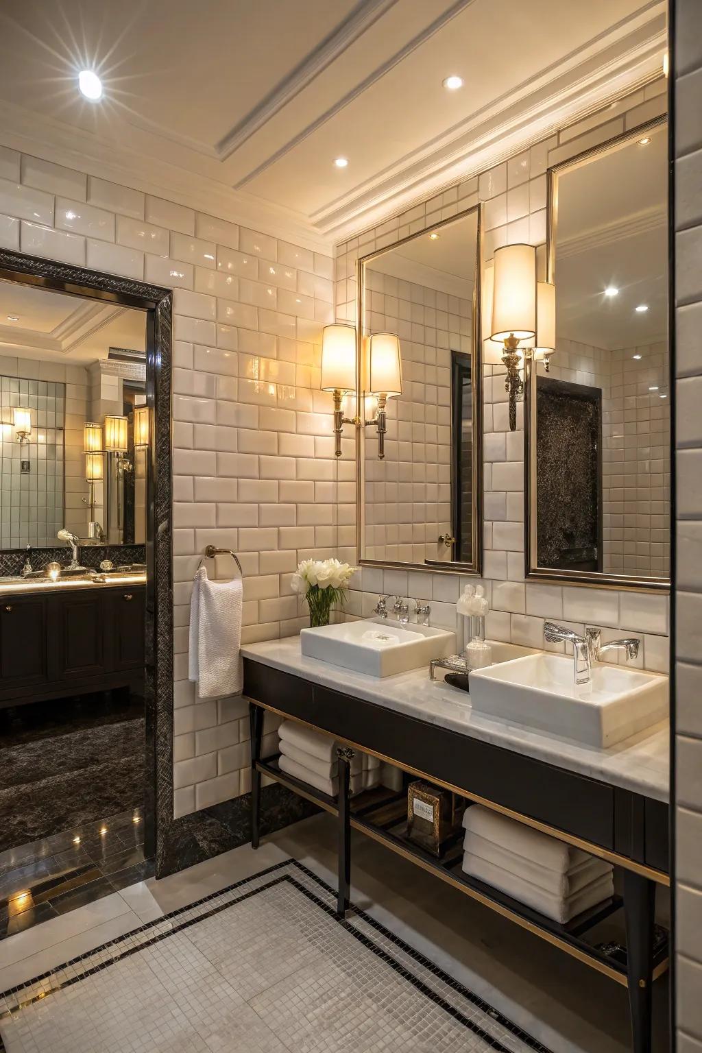 The bathroom is made more opulent and elegant by these glossy subway tiles.