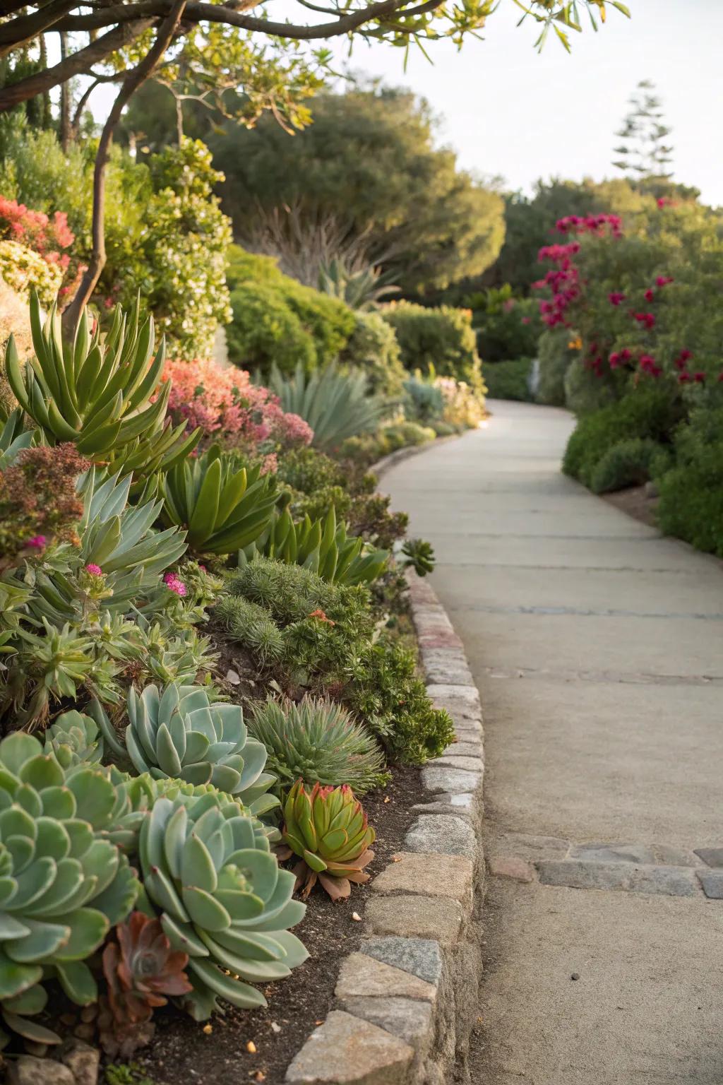 A walkway beautifully lined with lush succulents, creating a natural impression.