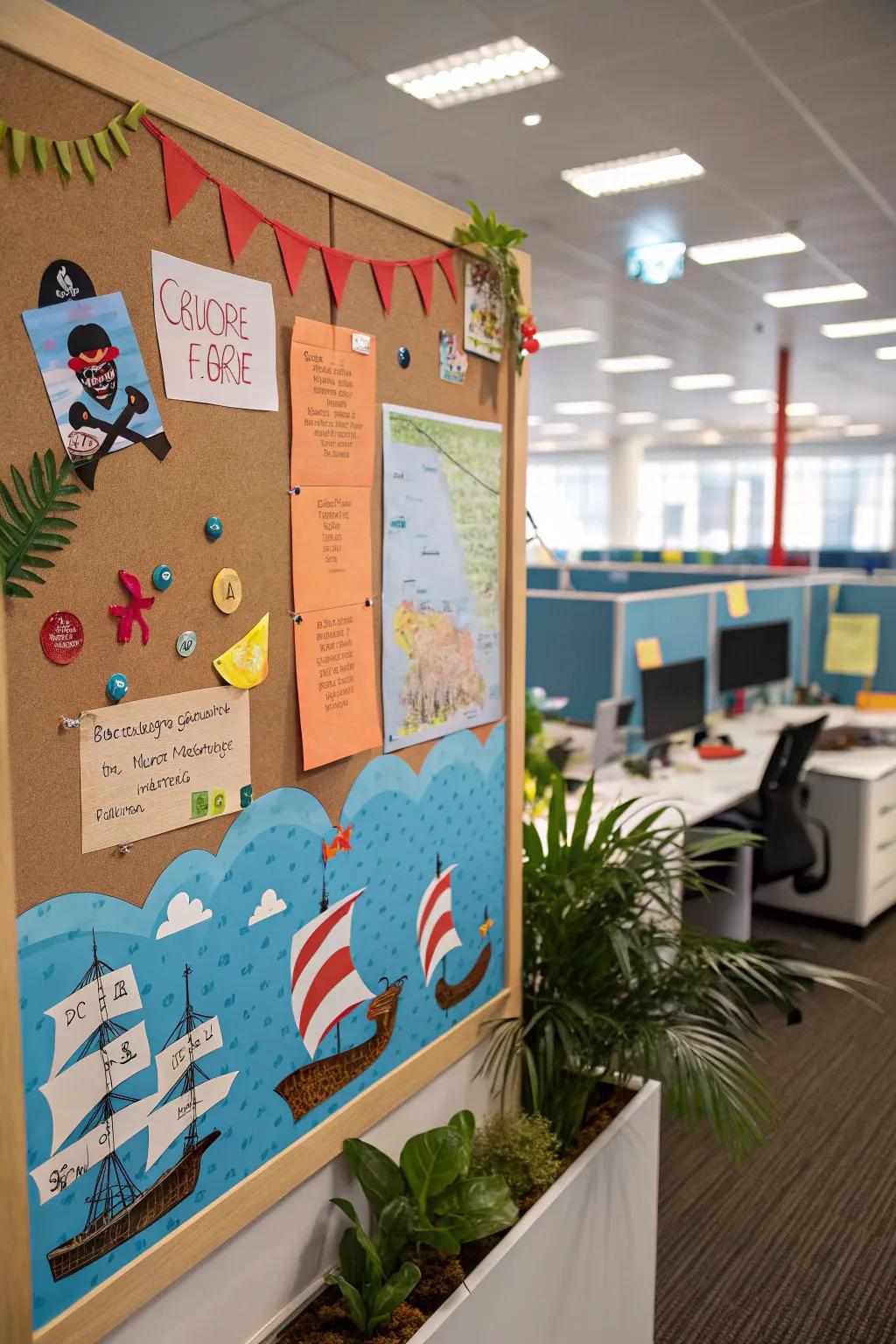 Embrace adventure through an ocean-themed board featuring pirate vessels and treasure maps.