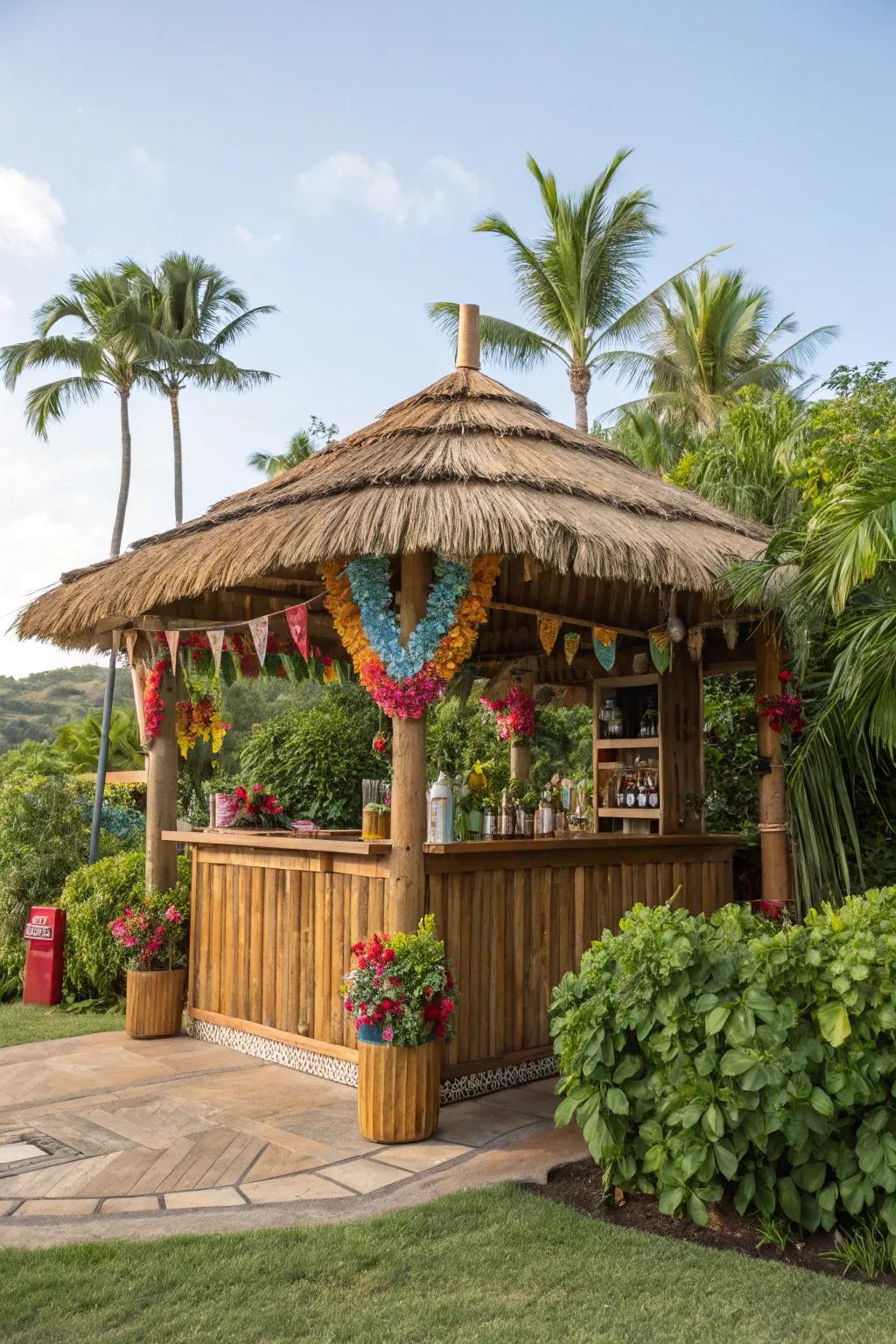 A tropical tiki hut bar takes island vibes to any backyard.