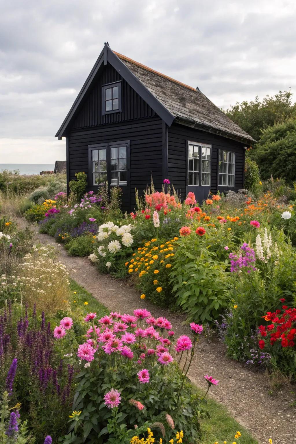 A dramatic black summer house, making a strong contrast in the garden.