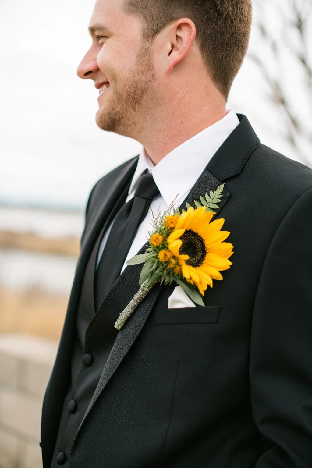 A stylish boutonniere featuring a daisy for the groom.