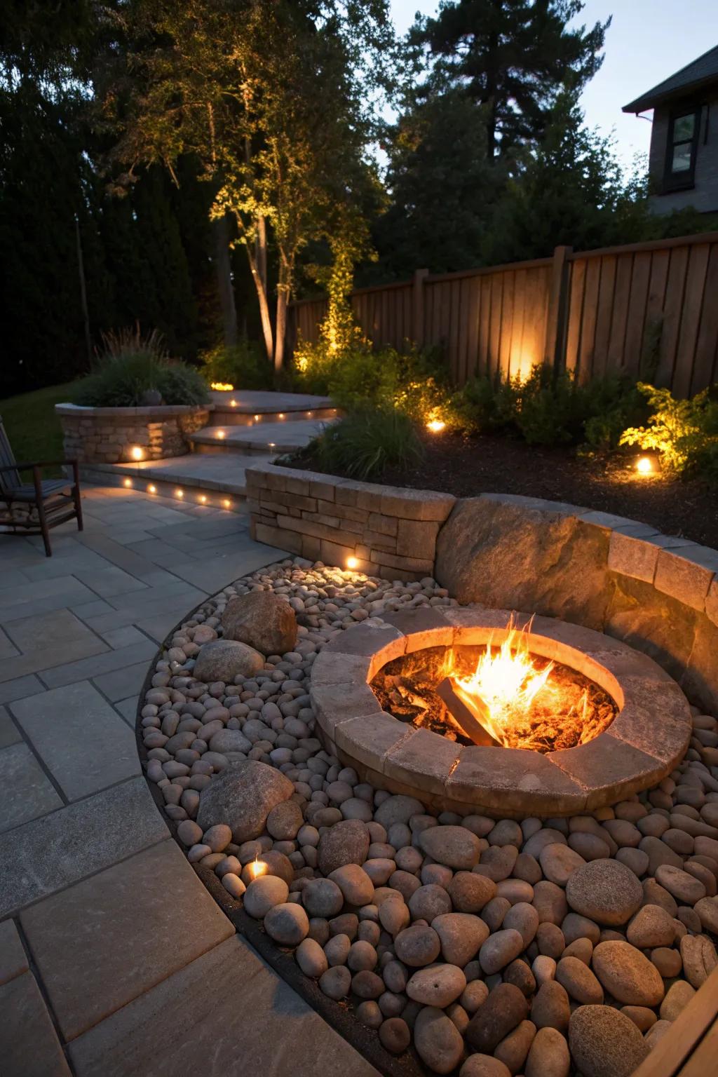 Integrated lighting adds a magical touch to this recessed fire pit.