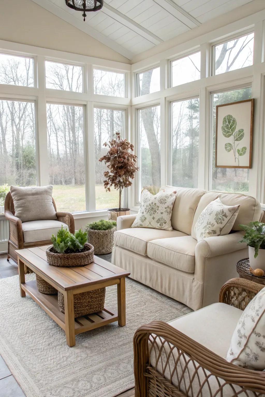 Subdued colors build a calm and welcoming sunroom atmosphere.