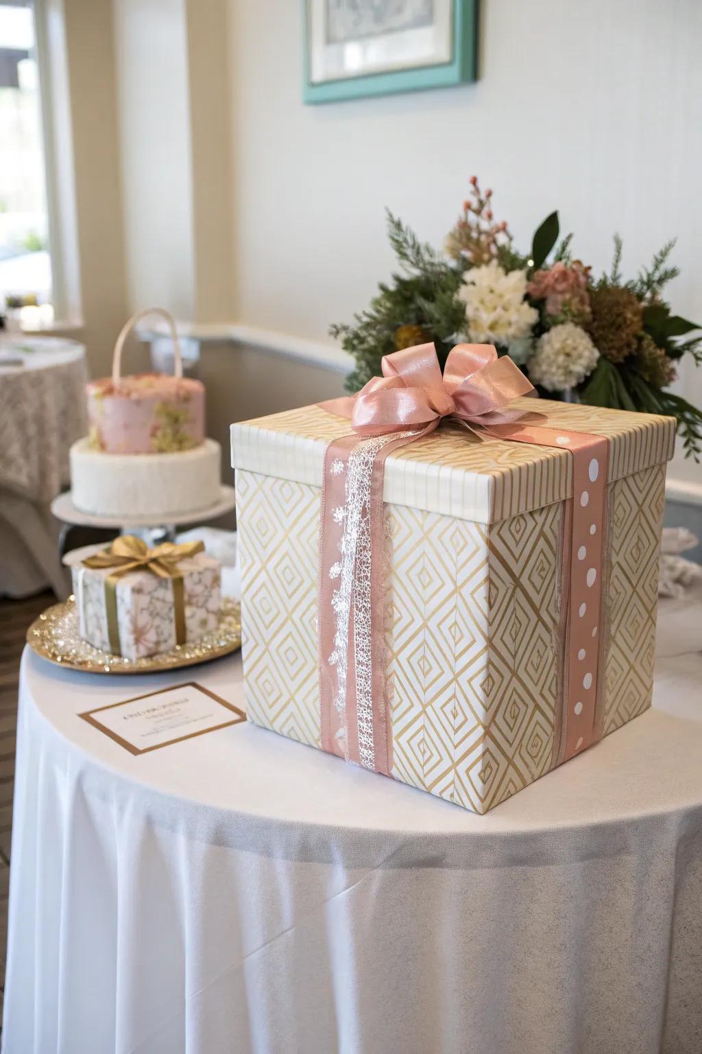 An impressive gift package centerpiece elevates the table's charm.