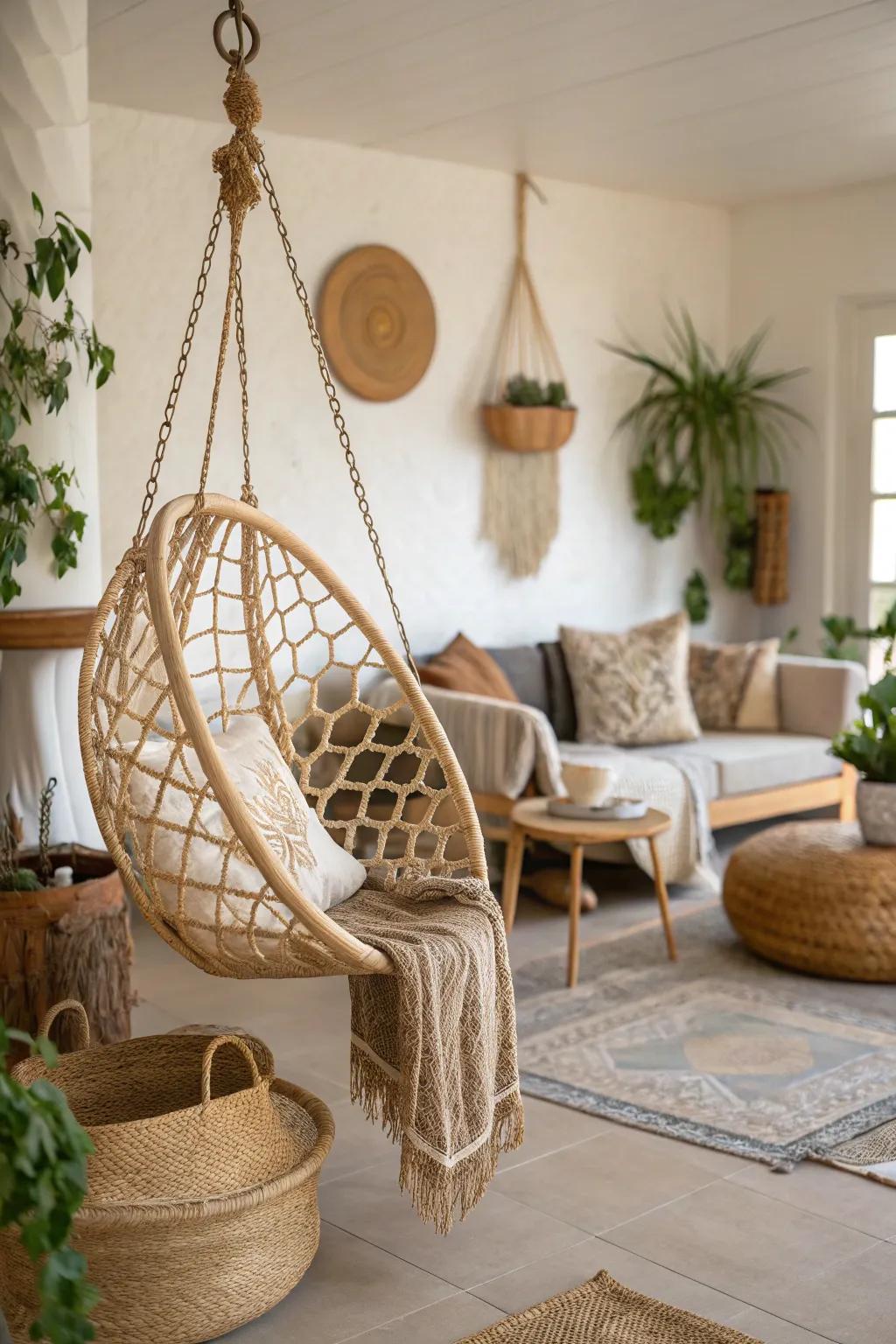 A wicker swing contributes warmth and a hint of nature to any space.