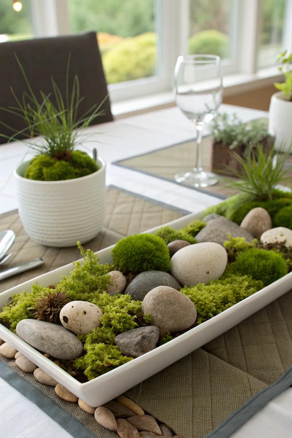 A centerpiece inspired by nature that features stones and moss.