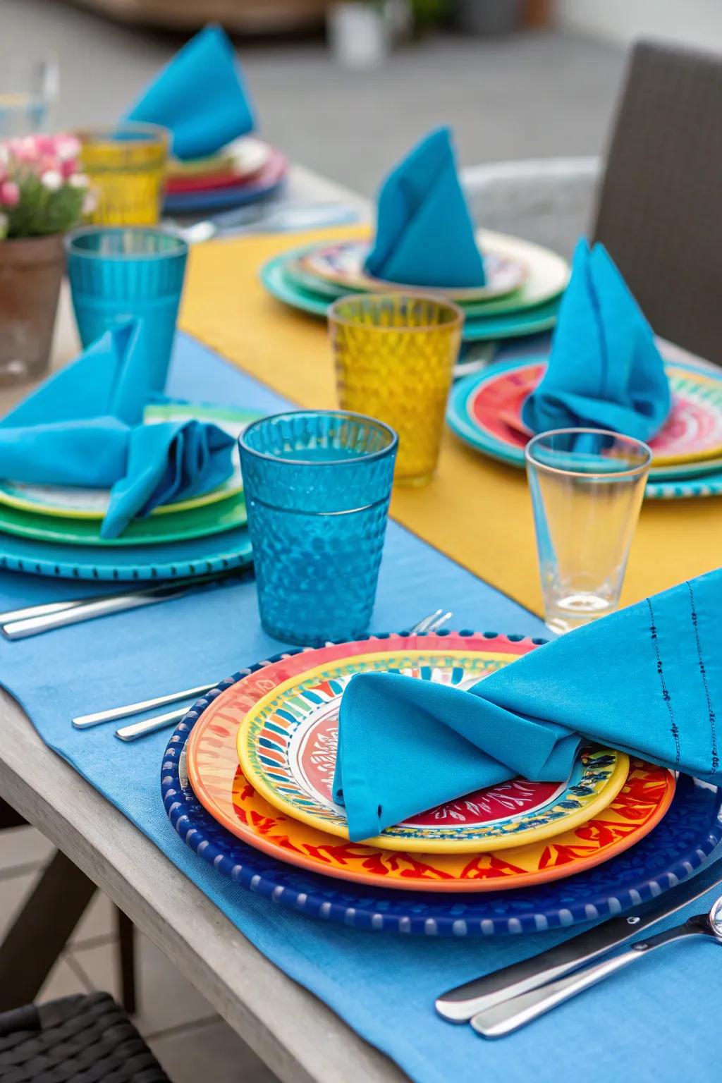 A vibrant arrangement showcasing azure napkins and contrasting tableware.