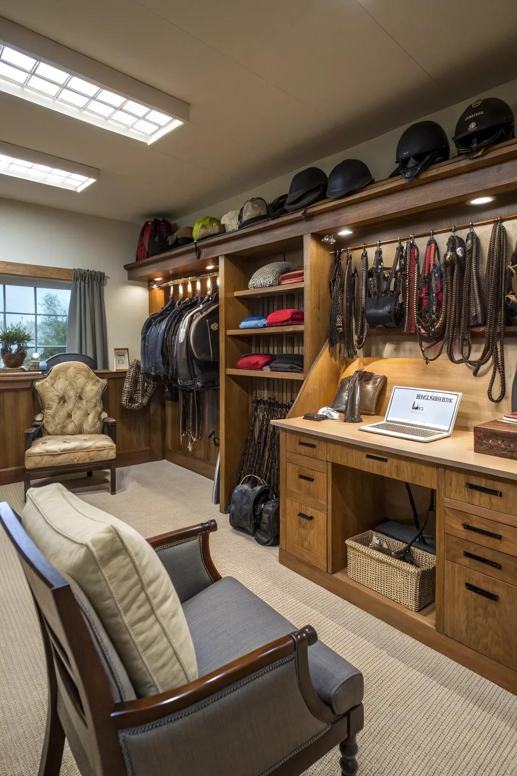 A cozy workspace in a tack room for repairs and upkeep.