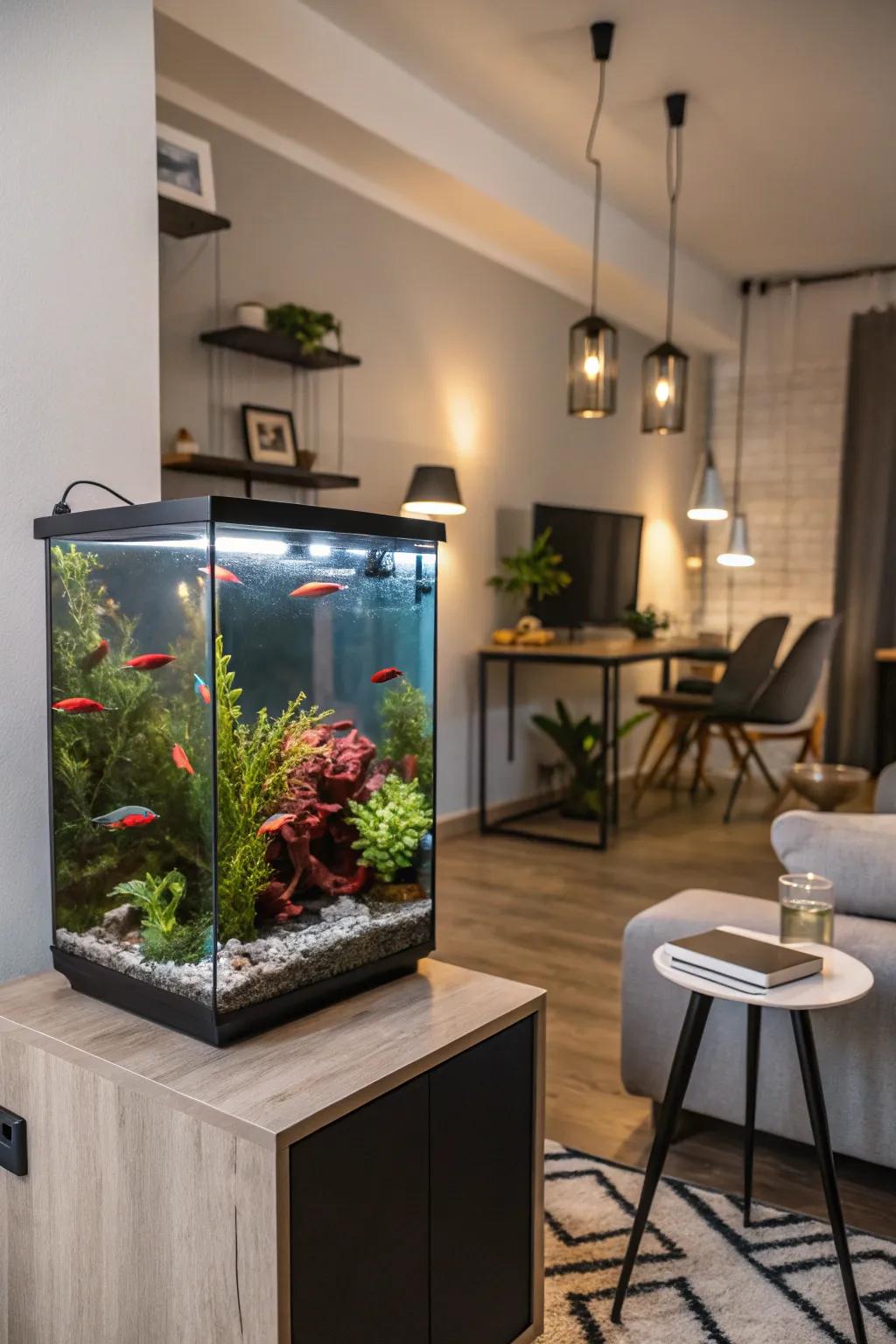 A streamlined footprint tall aquarium fitting perfectly in a small space.