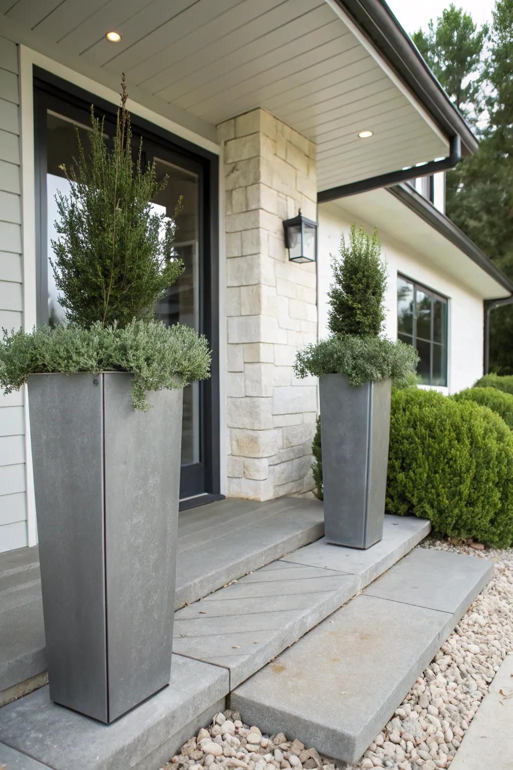 Minimalist metallic planters bring a modern touch.