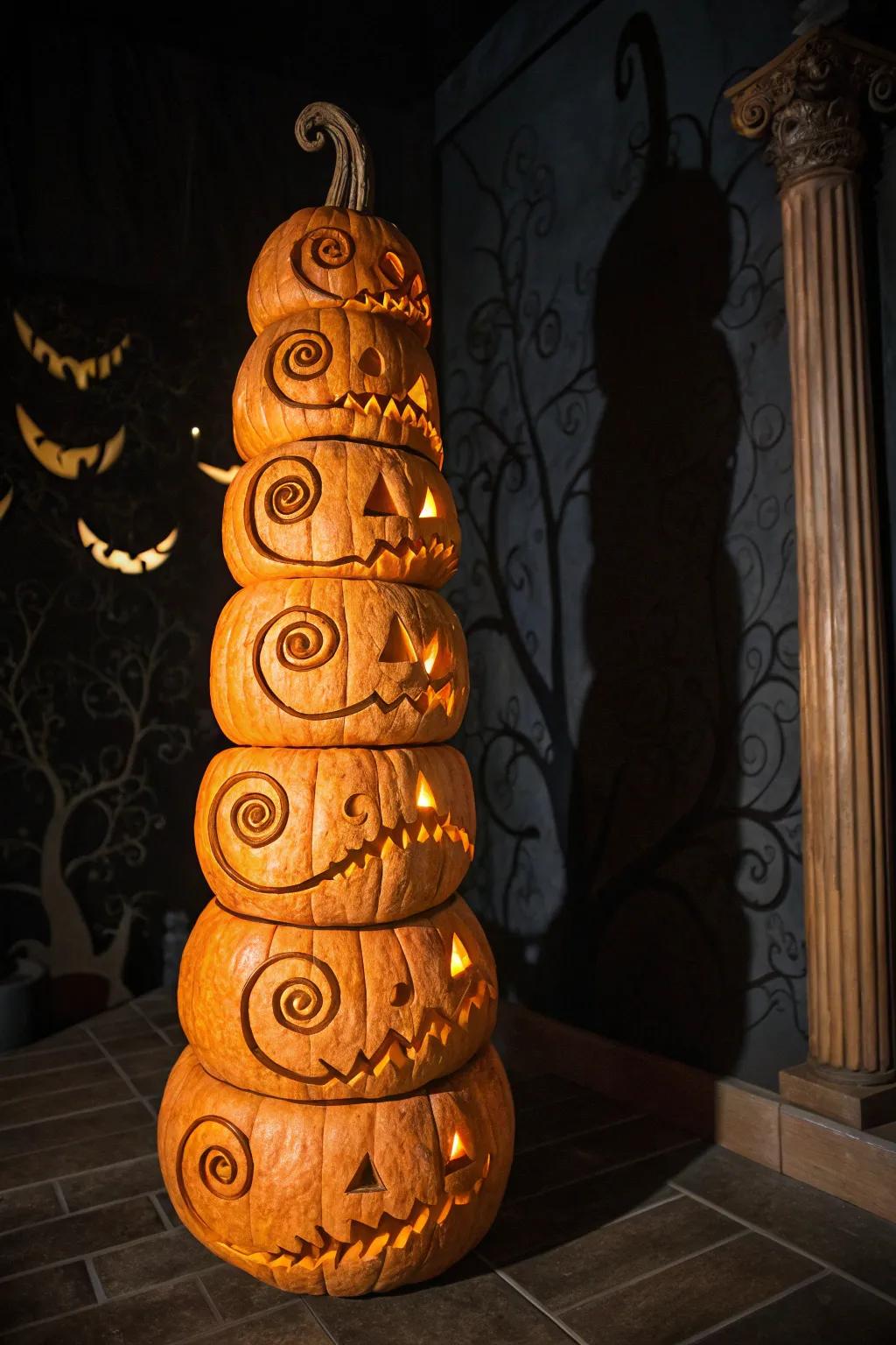 Introduce an element to your pumpkin artistry with a spiral motif showcasing eerie faces.