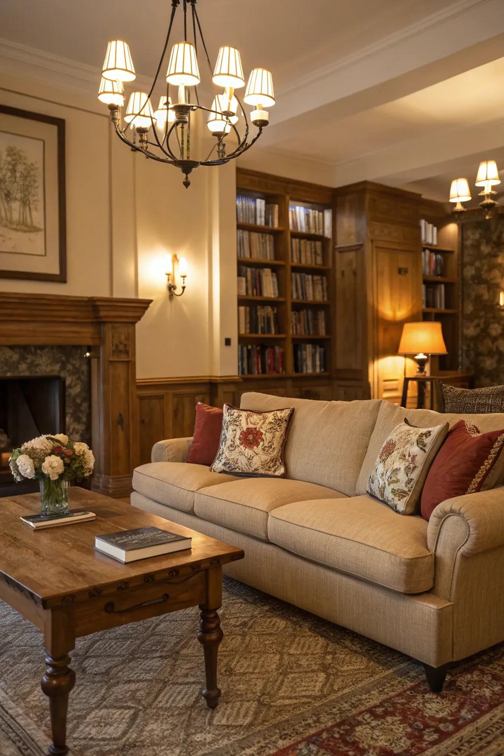 Lighting accentuates the sand-toned sofa and cultivates an inviting atmosphere.