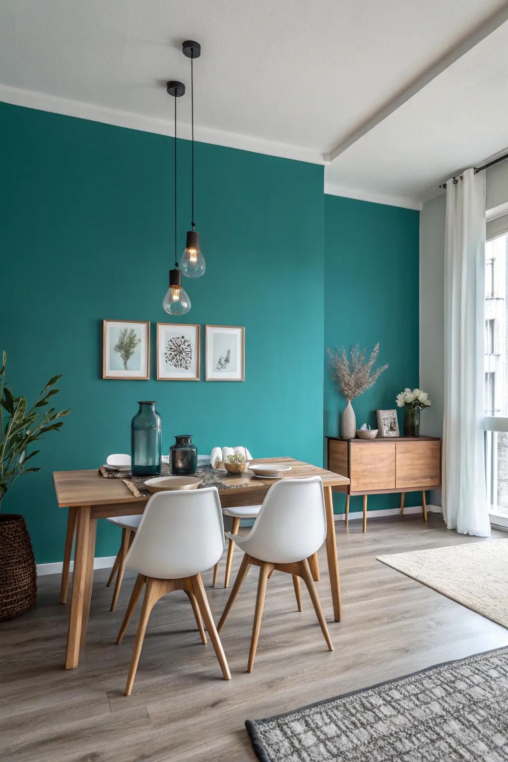 Teal gives a minimalist dining area a modern touch