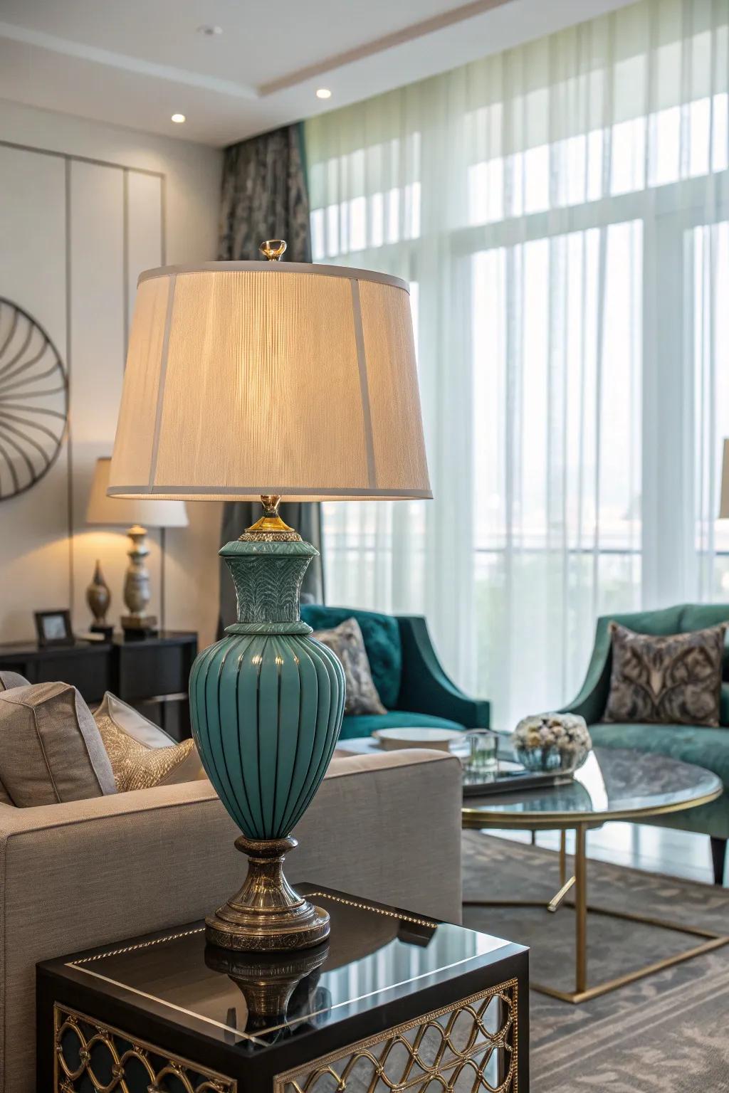To the area, teal lighting provides a unified and atmospheric touch.