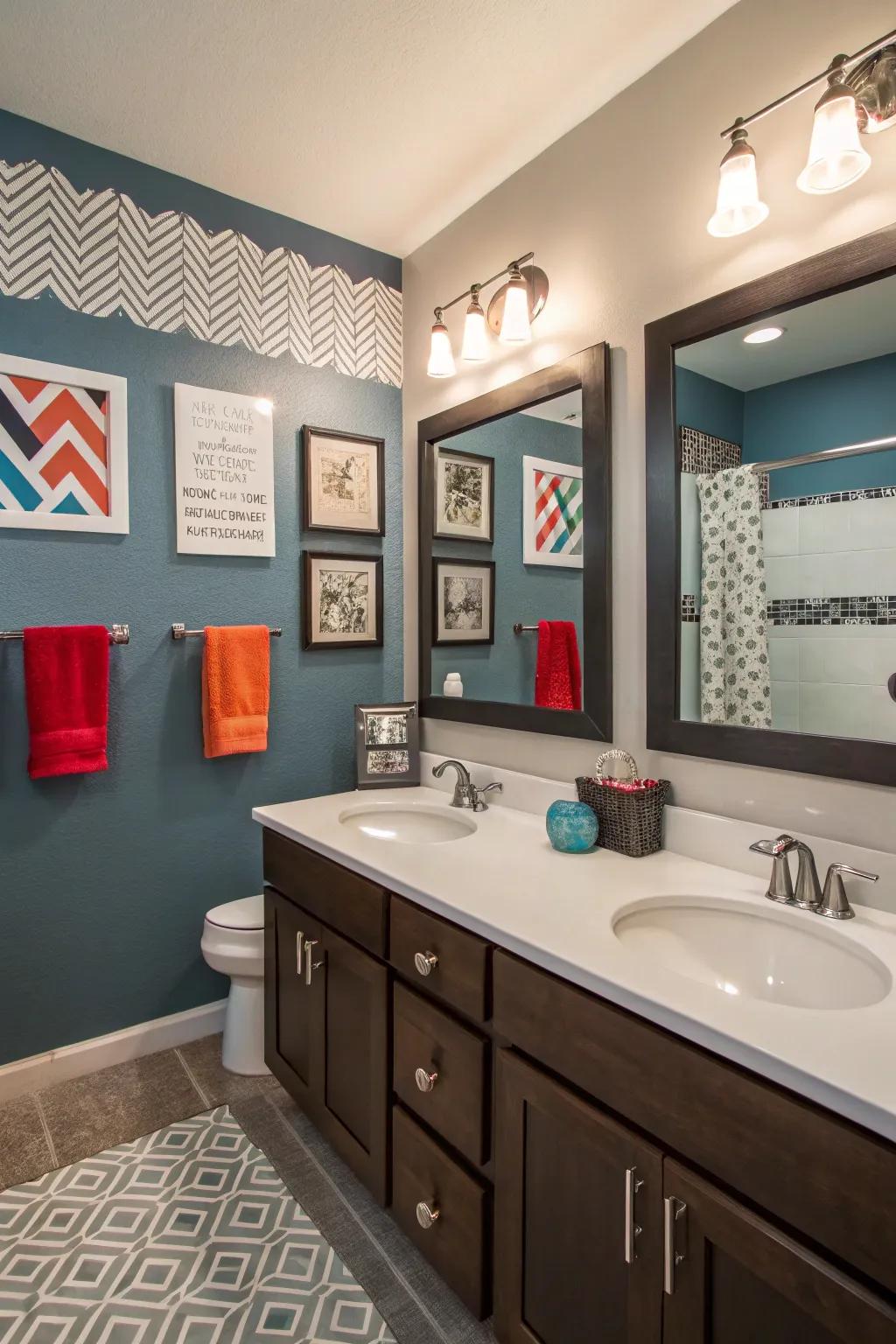 Changeable wall art keeps the bathroom personal and adaptable.