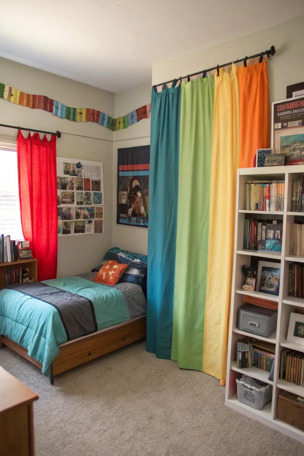 Color-blocked curtains provide a modern and cohesive look.