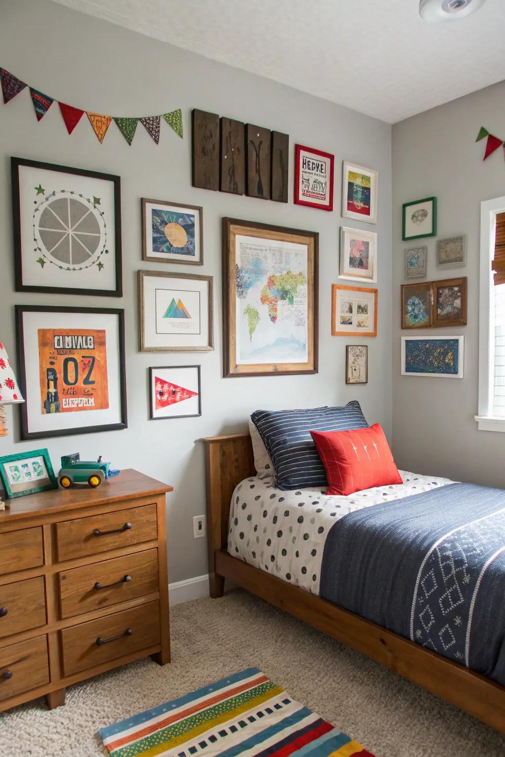 Artistic touches like framed art and wall stickers personalize this teen boy's room.