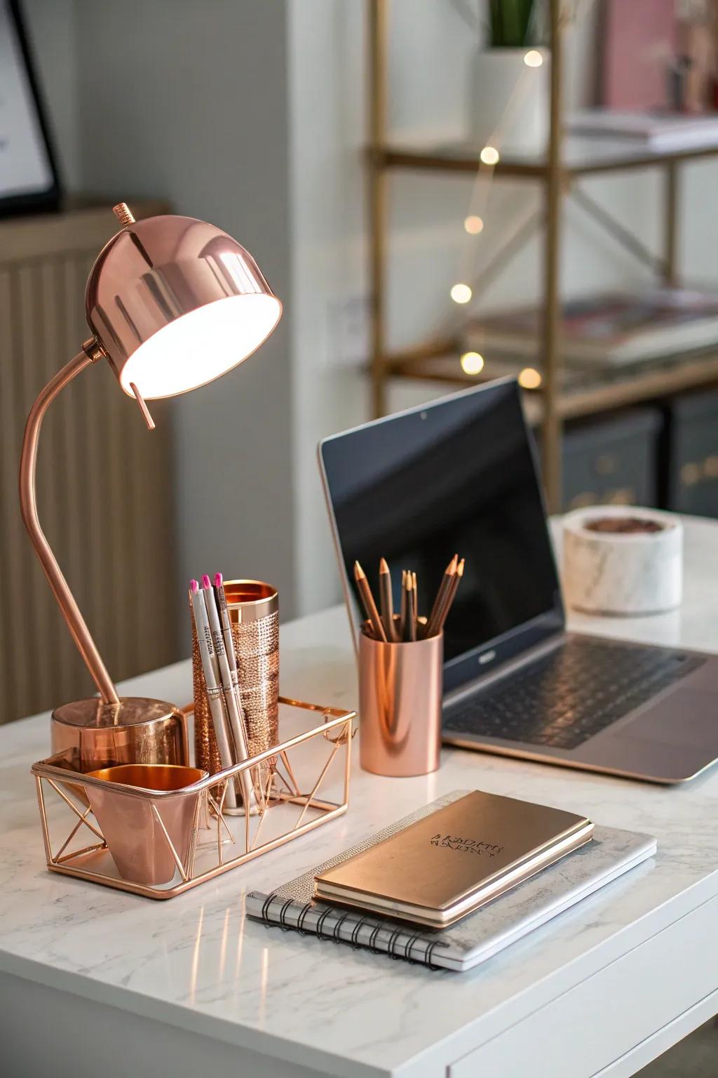 Rose gold desk accents introduce a stylish element to study zones.