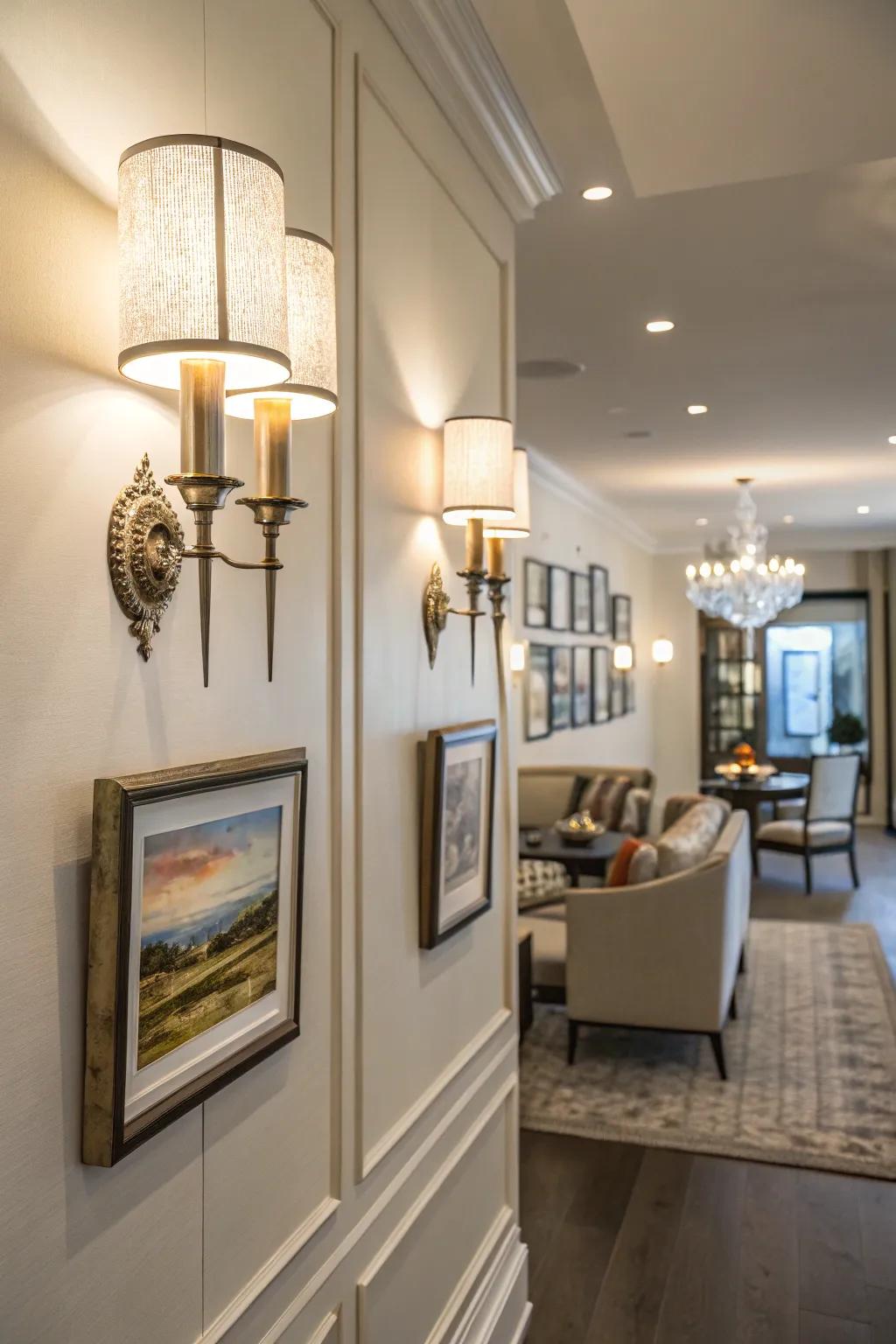 Elegant wall lamps illuminate artworks displayed on a movable wall.