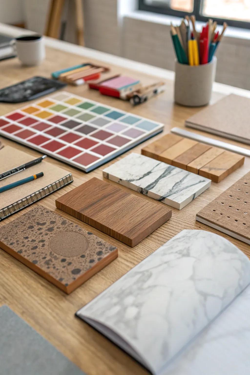 In this creative workspace, a collection of texture samples offers countless ideas.