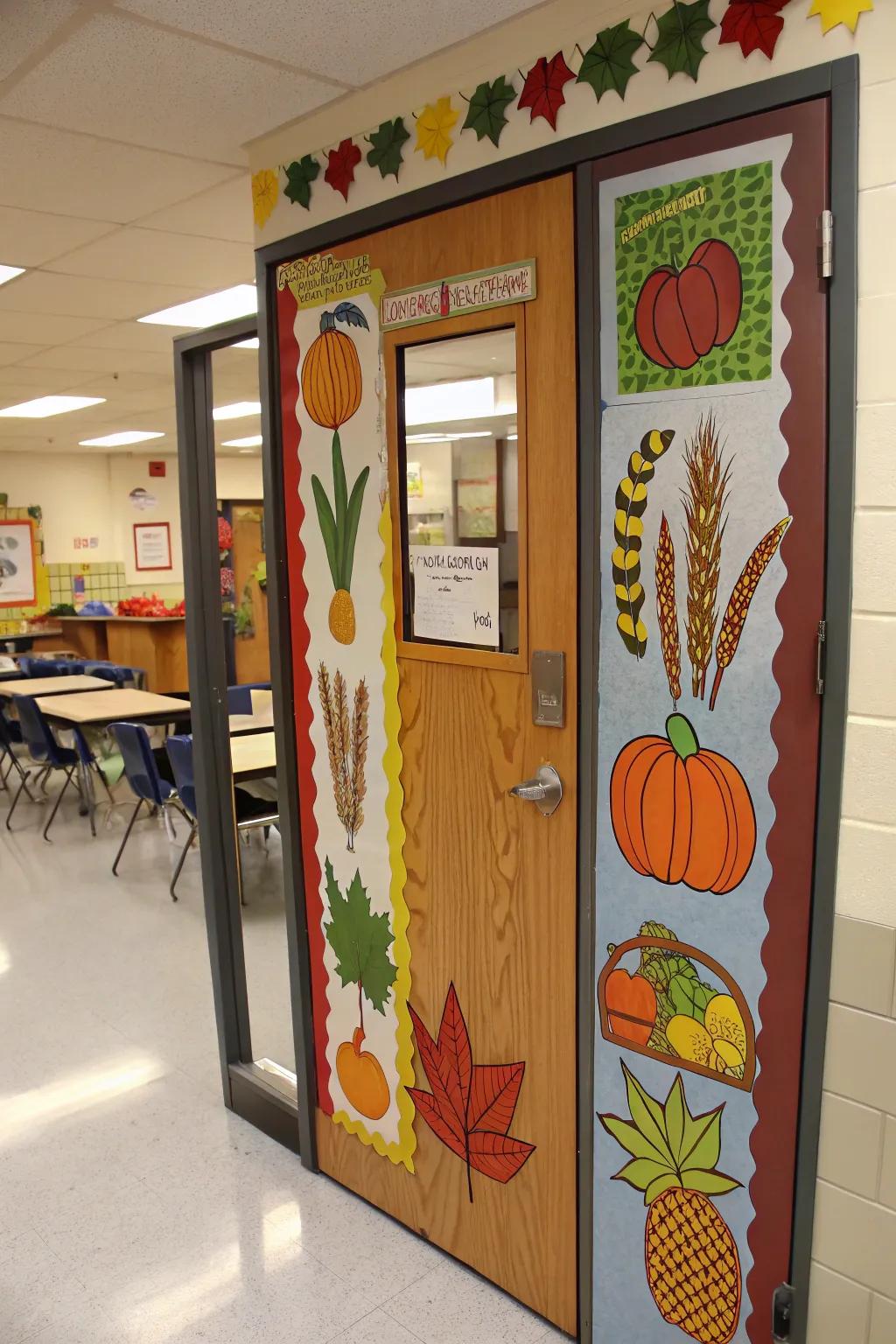 A harvest bounty door design celebrating the season's abundance.