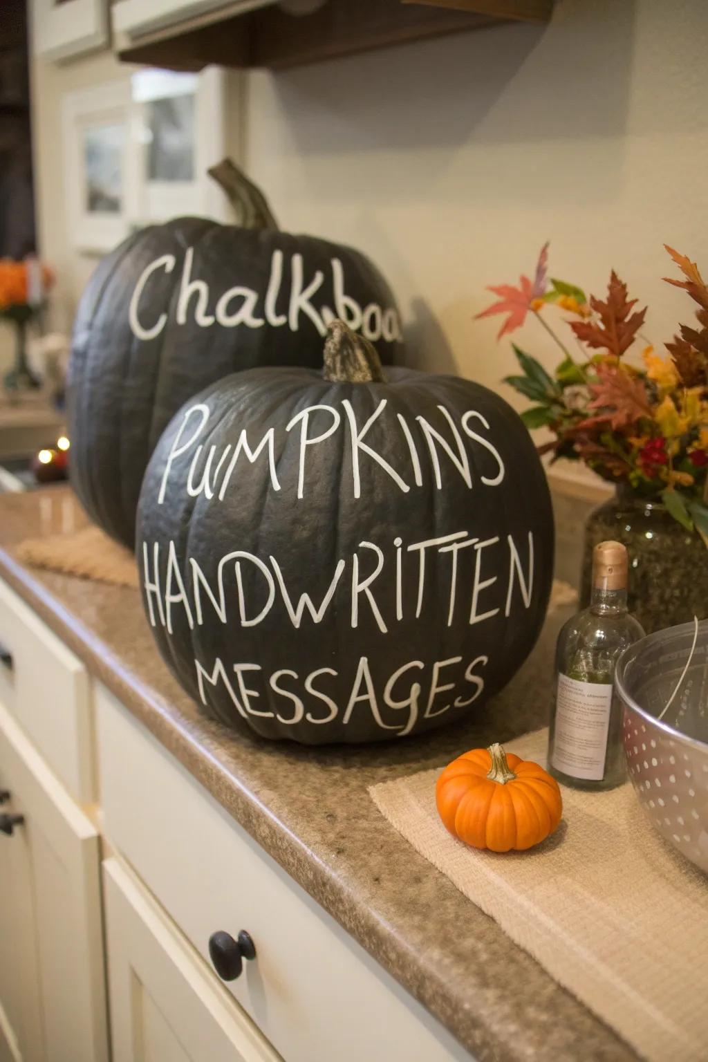 Interactive chalkboard pumpkins incorporating individualized messages.