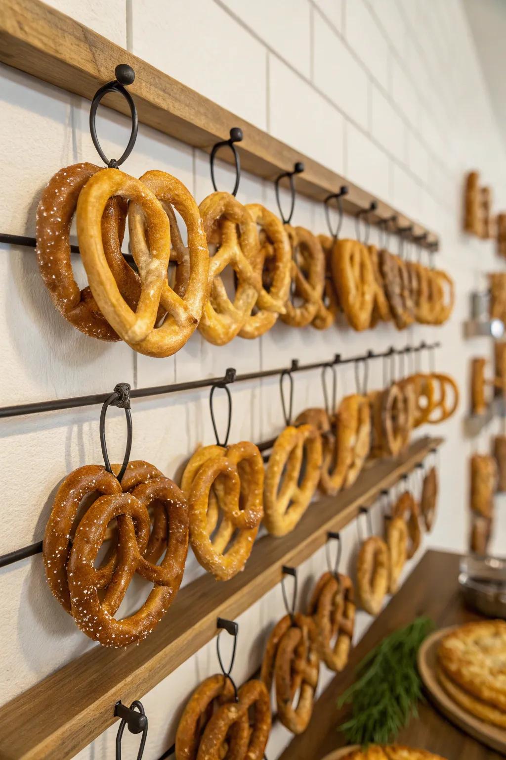 A pretzel wall presents a unique snack display.