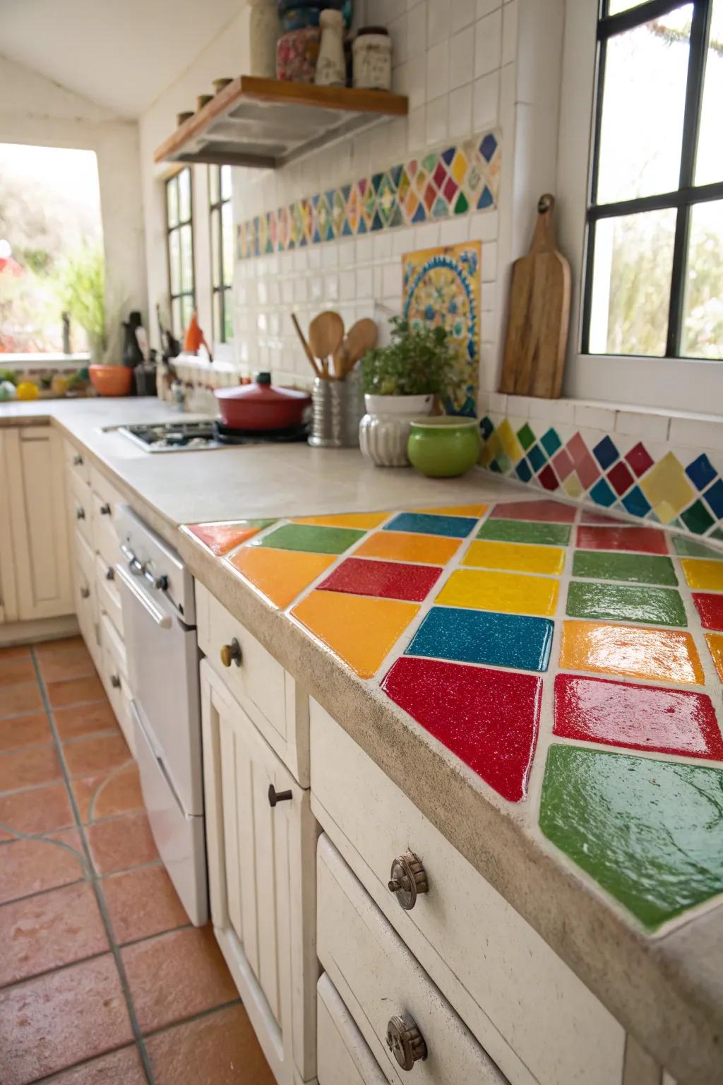 Colorful tiles add a lively touch to this kitchen.