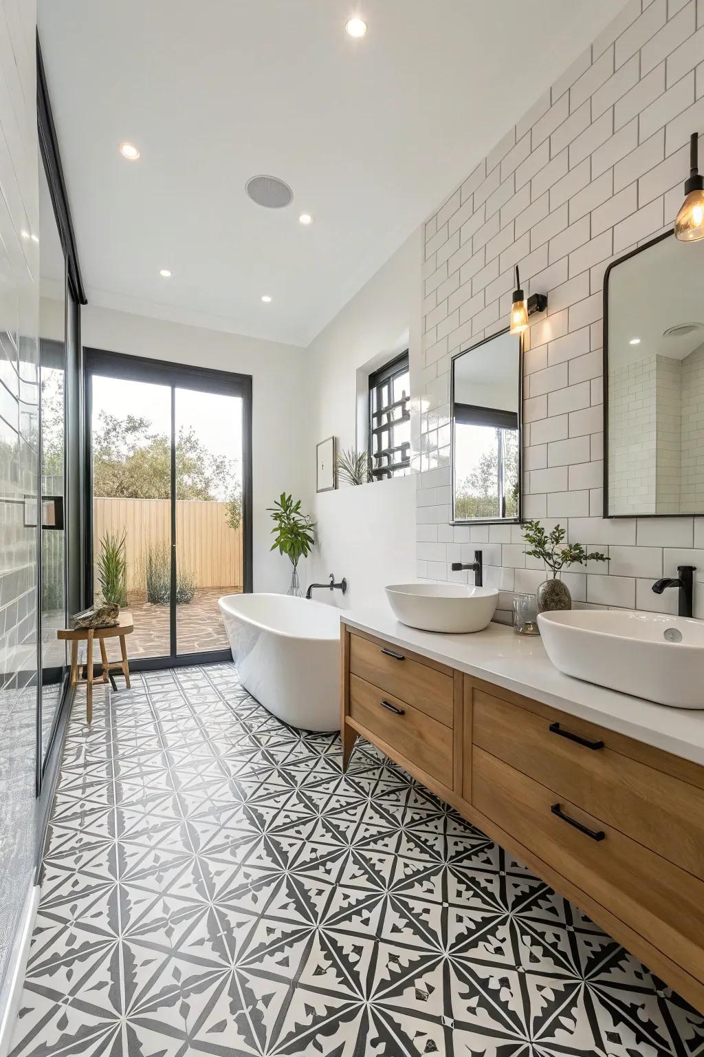 This elegant bathroom is enhanced by geometric tiles, which give it a modern edge.